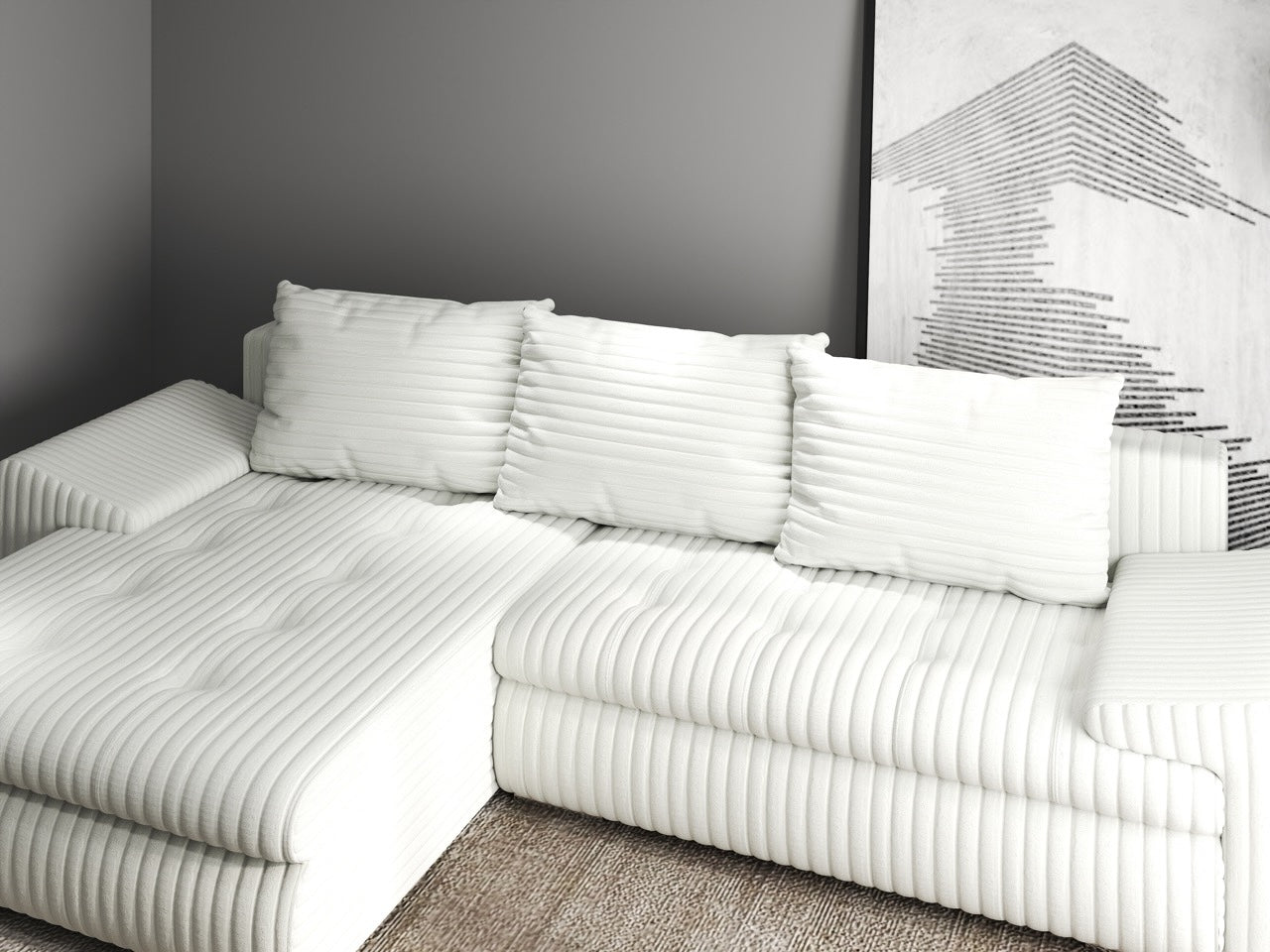 Colțar extensibil dumonde cu ladă de depozitare si sezut confortabil din spuma HR, Leonardo Ambience Ivory 255x193 cm Fabrica