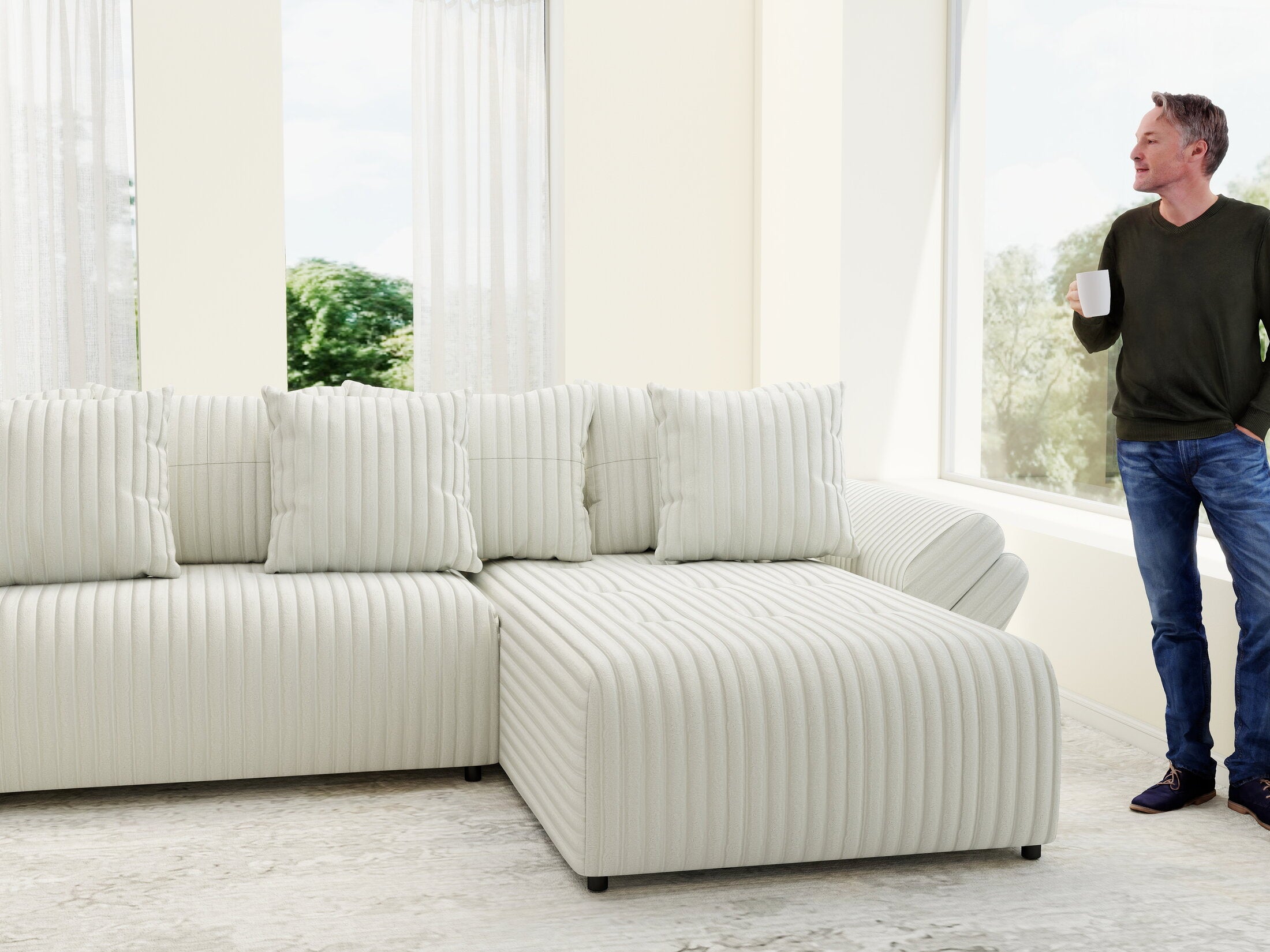 Colțar extensibil dumonde cu ladă de depozitare si sezut confortabil din spuma HR, Berlin U Ambience Ivory 380x180 cm