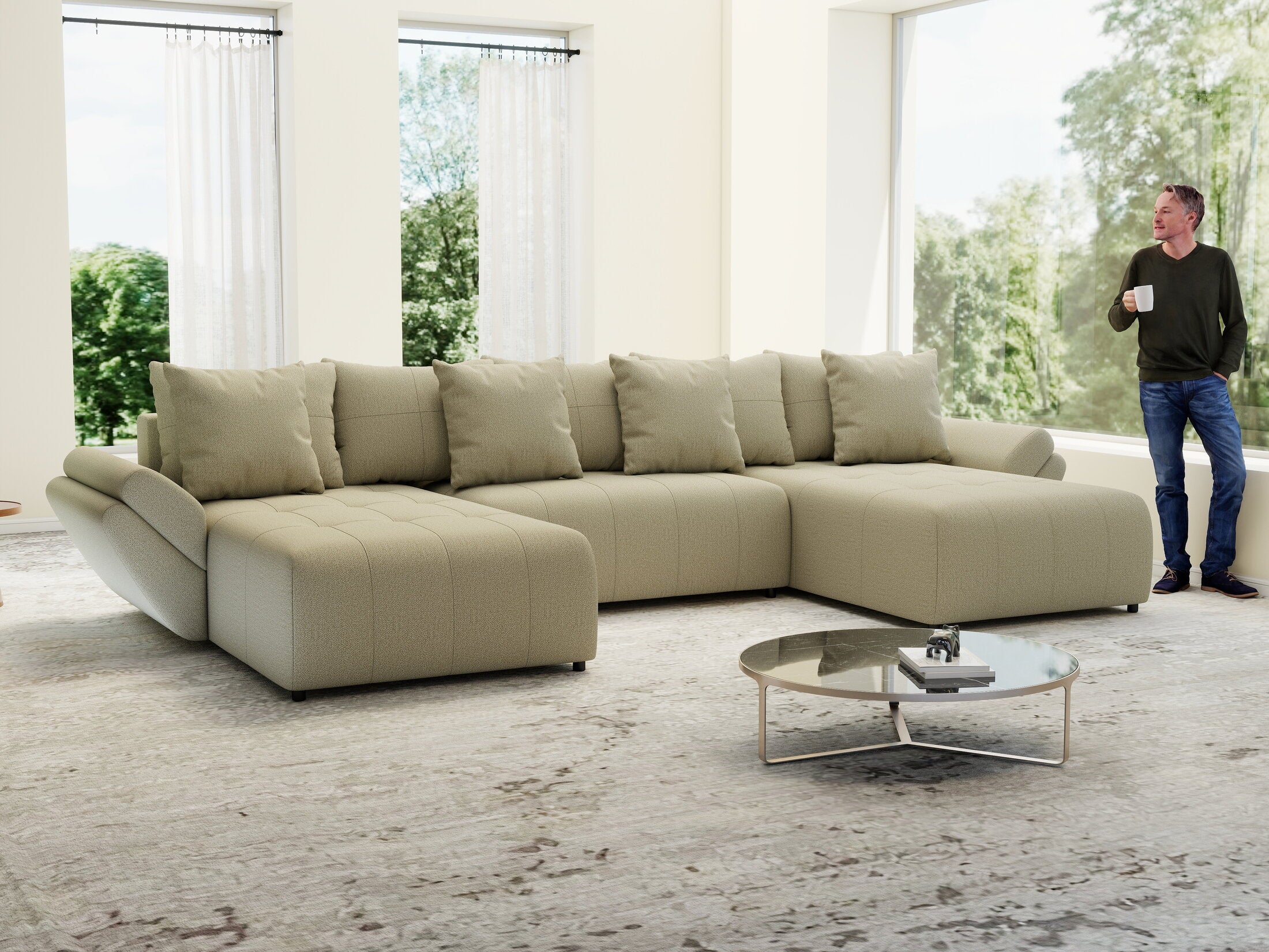 Colțar extensibil dumonde cu ladă de depozitare si sezut confortabil din spuma HR, Berlin U Enjoy Camel 380x180 cm