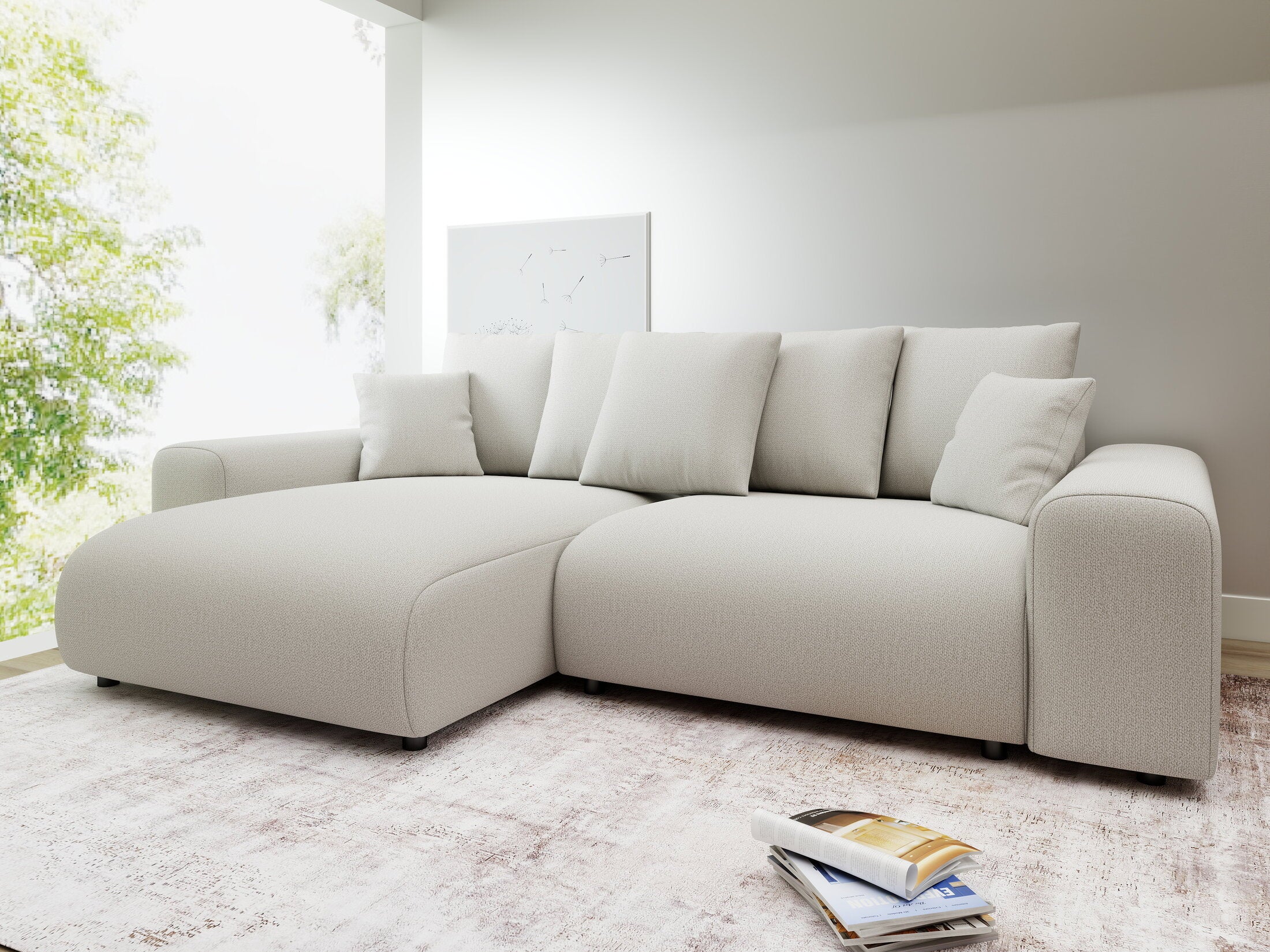 Colțar extensibil dumonde cu ladă de depozitare și șezut confortabil din spumă HR, Luma Enjoy Bej 255x168 cm