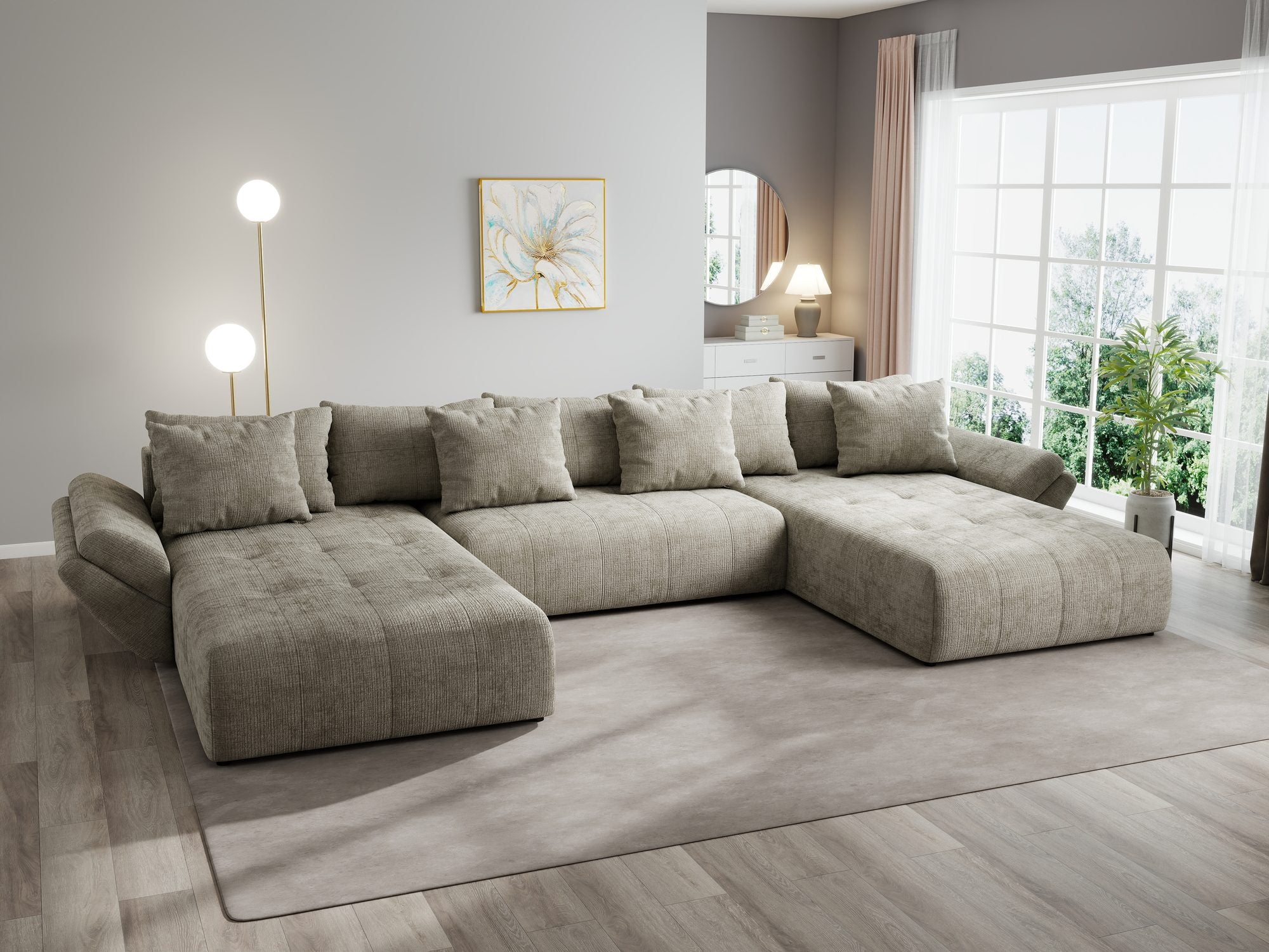 Colțar extensibil dumonde cu ladă de depozitare si sezut confortabil din spuma high-density, Berlin U Cremona Bej 14 380x180 cm