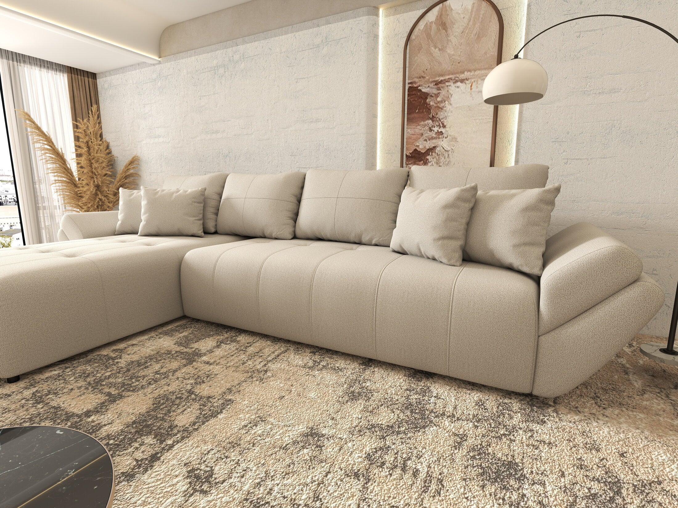 Colțar extensibil dumonde cu ladă de depozitare si sezut confortabil din spuma high-density, Berlin XL Enjoy Beige 350x185 cm