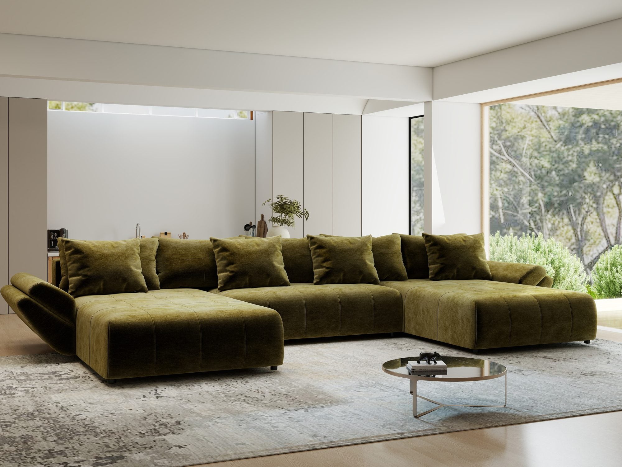 Colțar extensibil dumonde cu ladă de depozitare si sezut confortabil din spuma high-density, Berlin U Monolith Verde Olive 38 380x180 cm