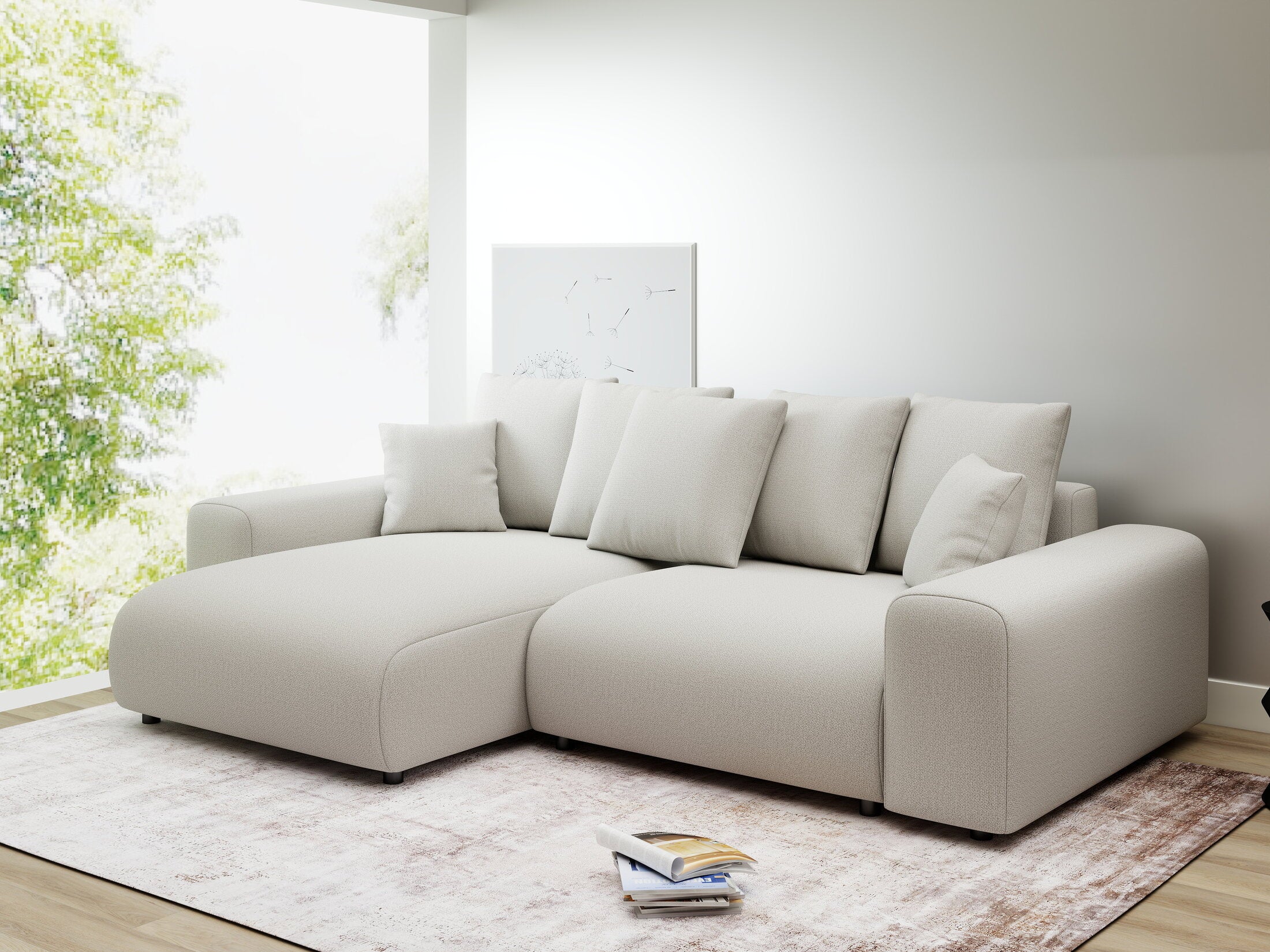 Colțar extensibil dumonde cu ladă de depozitare și șezut confortabil din spumă HR, Luma Enjoy Bej 255x168 cm