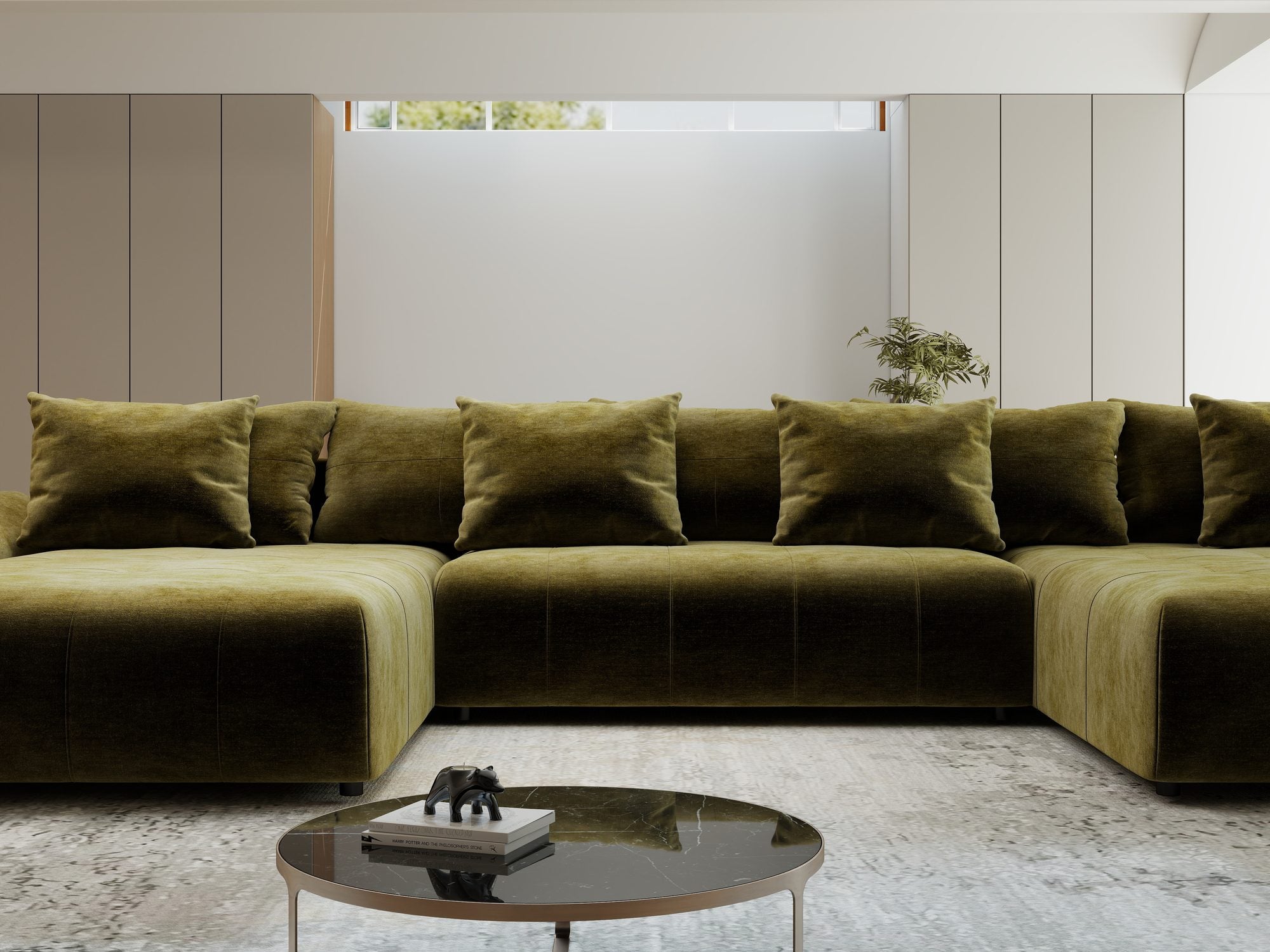 Colțar extensibil dumonde cu ladă de depozitare si sezut confortabil din spuma high-density, Berlin U Monolith Verde Olive 38 380x180 cm