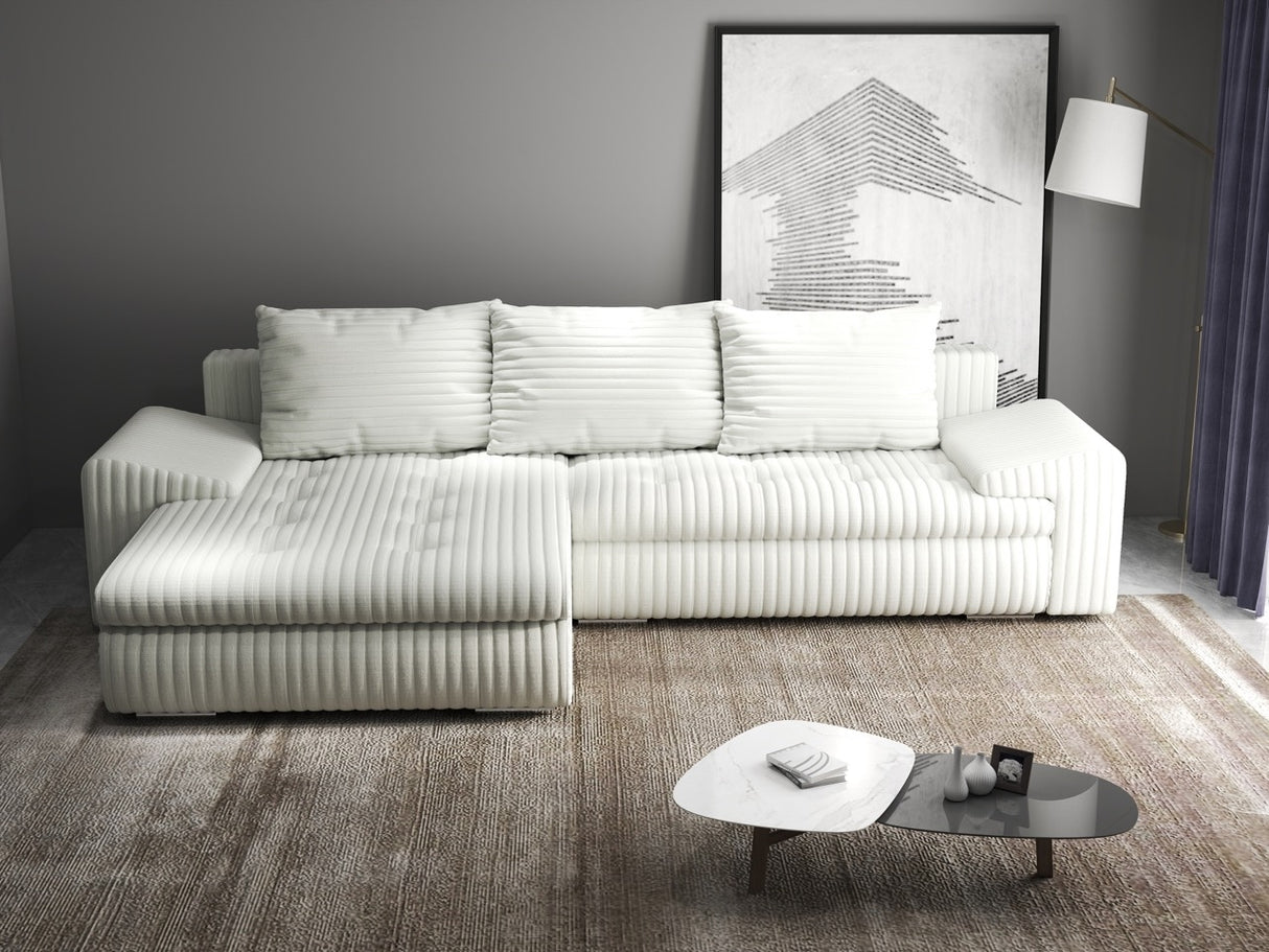 Colțar extensibil dumonde cu ladă de depozitare si sezut confortabil din spuma HR, Leonardo Ambience Alb 255x193 cm
