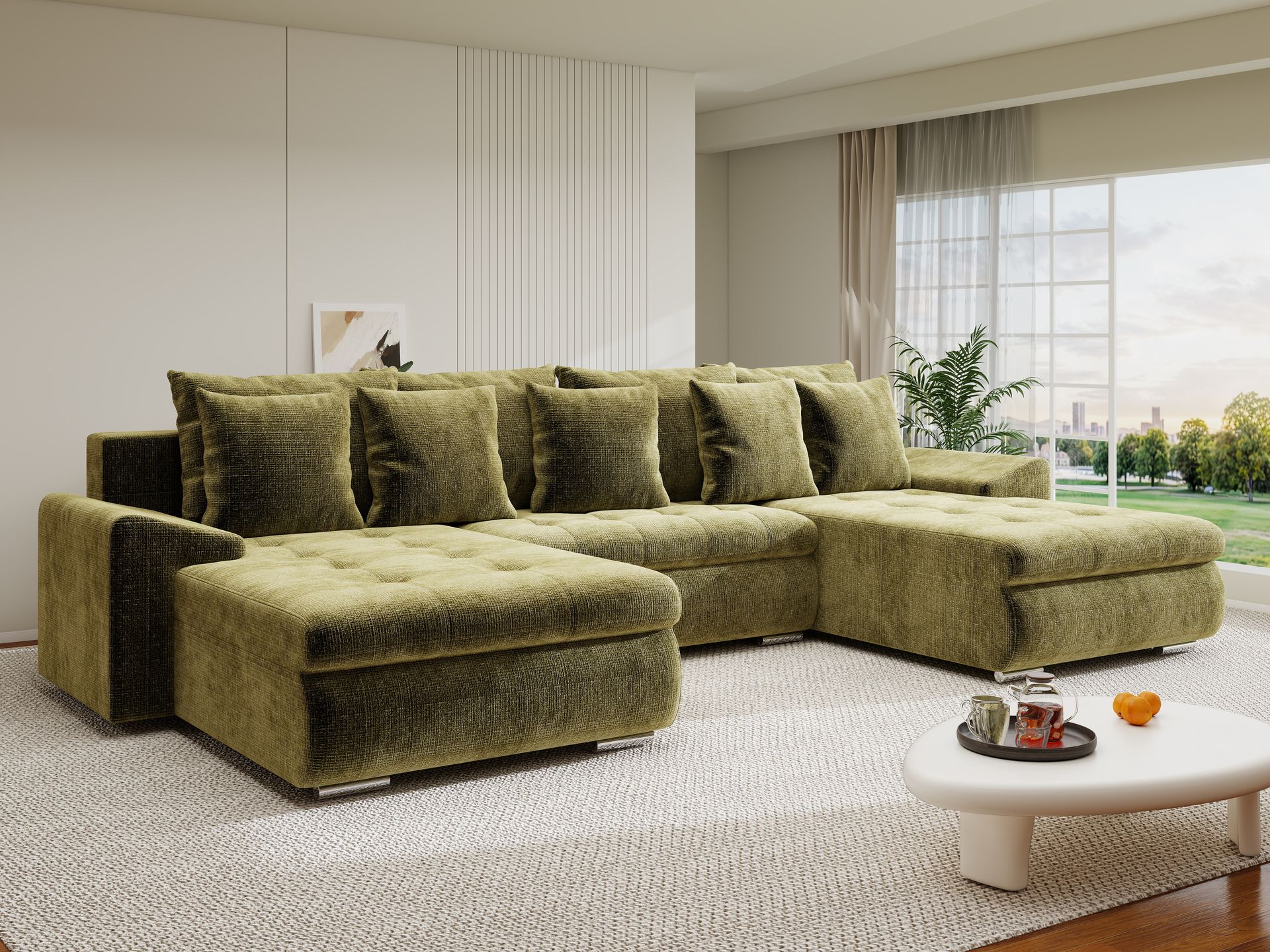 Colțar extensibil dumonde cu ladă de depozitare si sezut confortabil din spuma high-density, Leonardo U Cremona Olive 38 360x185 cm
