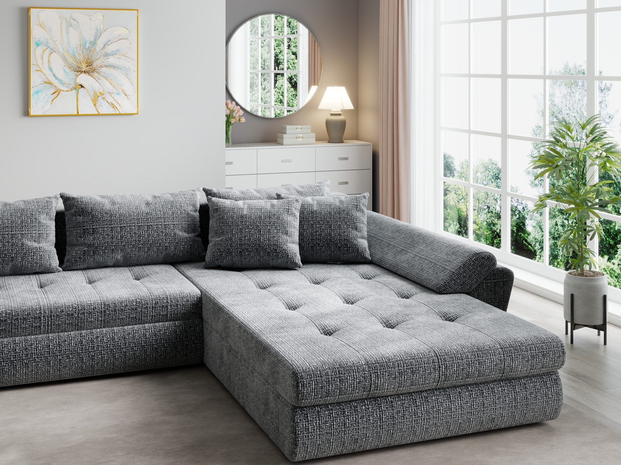 Colțar extensibil dumonde cu ladă de depozitare si sezut confortabil din spuma high-density, Loana U Cremona Gri 95 355x185 cm