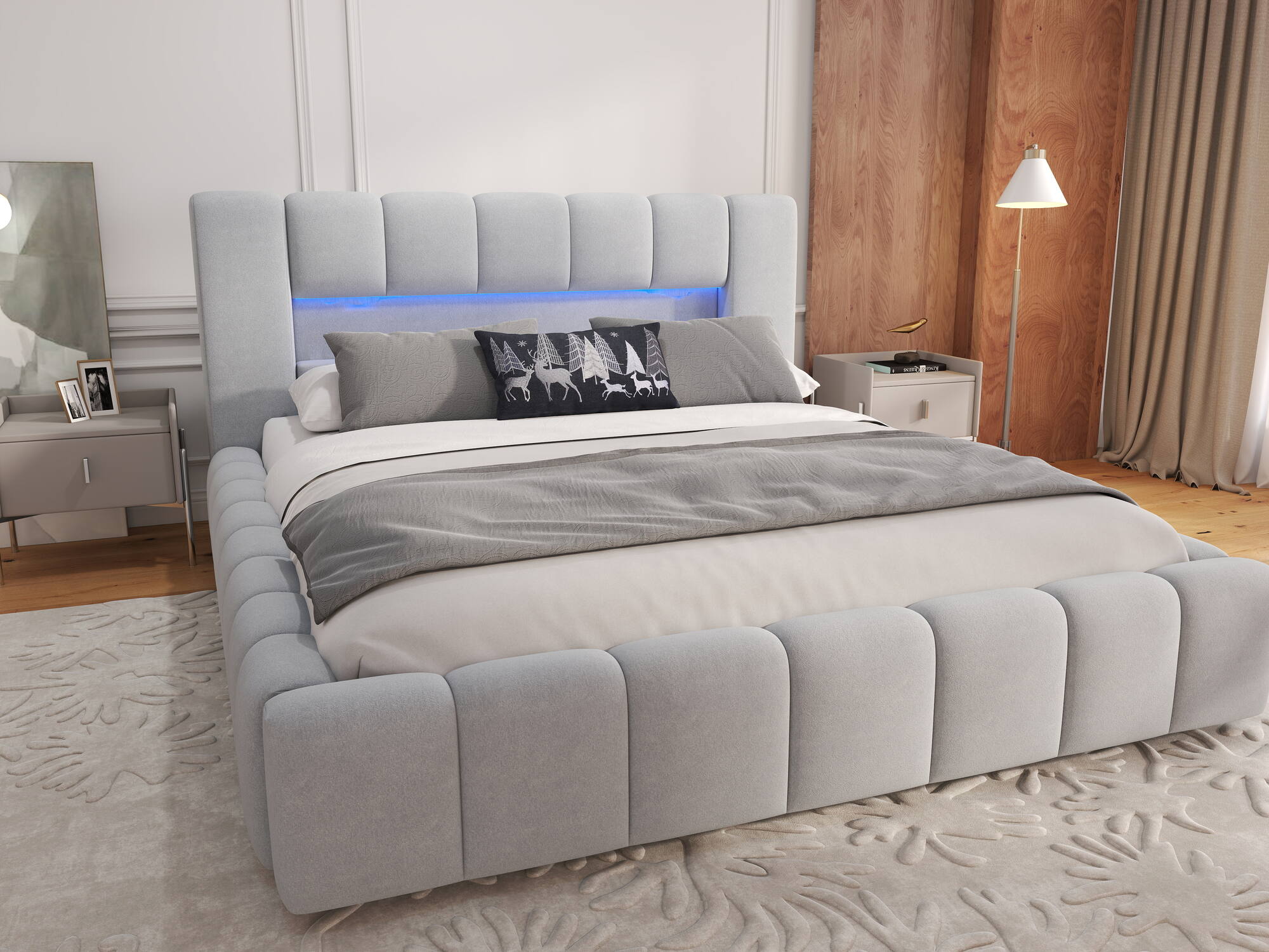 Pat dormitor dumonde, tapitat bej, Palermo 180X200 cm, somiera rabatabila inclusa, spatiu depozitare