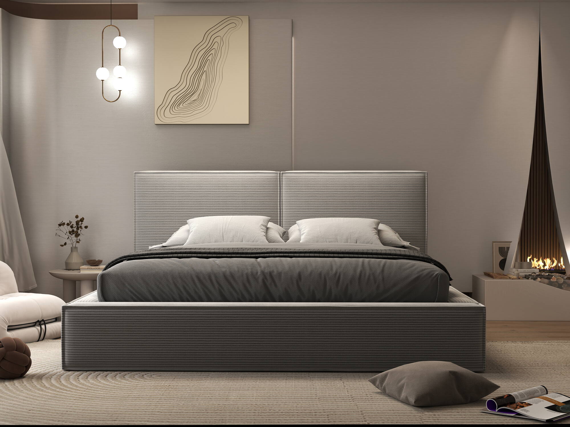 Pat dormitor dumonde, tapitat gri, Bogart 180x200 cm, somiera rabatabila inclusa, spatiu depozitare