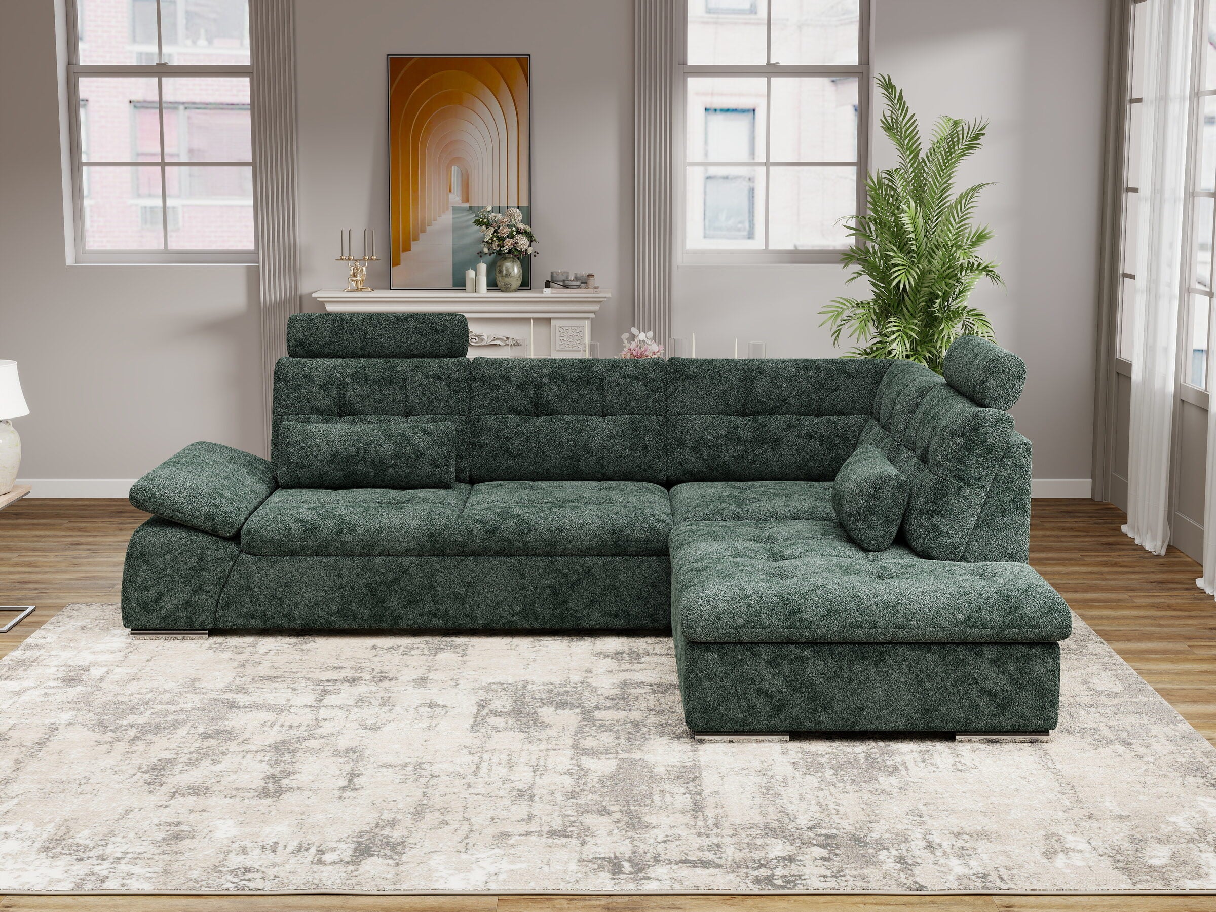 Colțar extensibil dumonde cu ladă de depozitare și șezut confortabil din spumă HR, Merkur XL Euphoria Verde 256x217 cm II