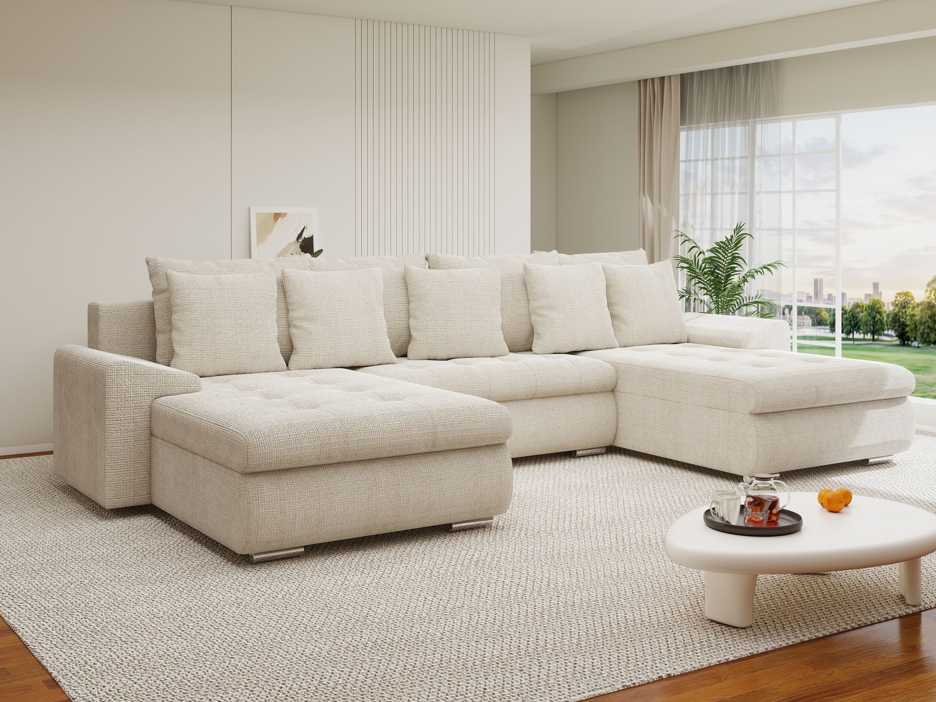 Colțar extensibil dumonde cu ladă de depozitare si sezut confortabil din spuma high-density, Leonardo U Cremona Gri Deschis 02 360x185 cm