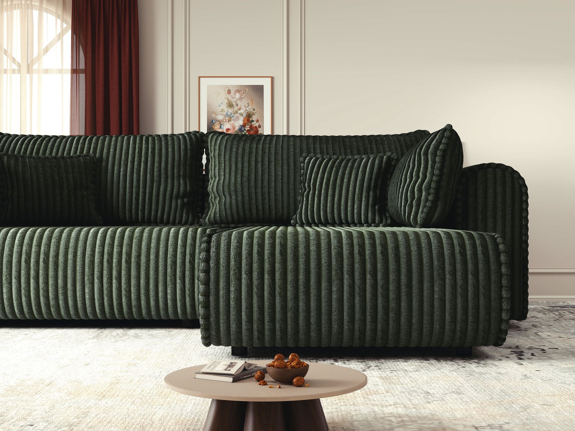 Colțar extensibil dumonde cu ladă de depozitare si sezut confortabil din spuma high-density, Monaco L Tilia Verde II 270x100 cm