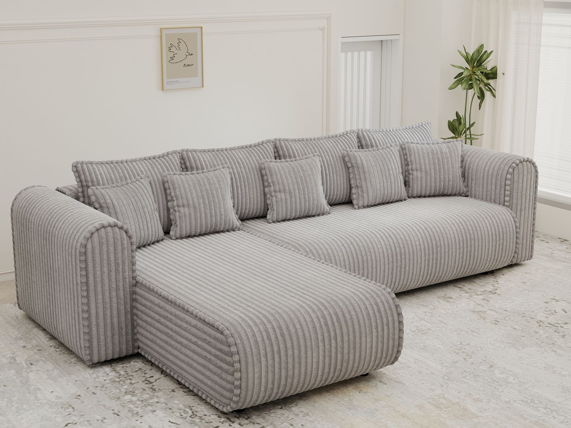 Colțar extensibil dumonde cu ladă de depozitare si sezut confortabil din spuma high-density, Monaco XL Tilia Dove 340x185 cm