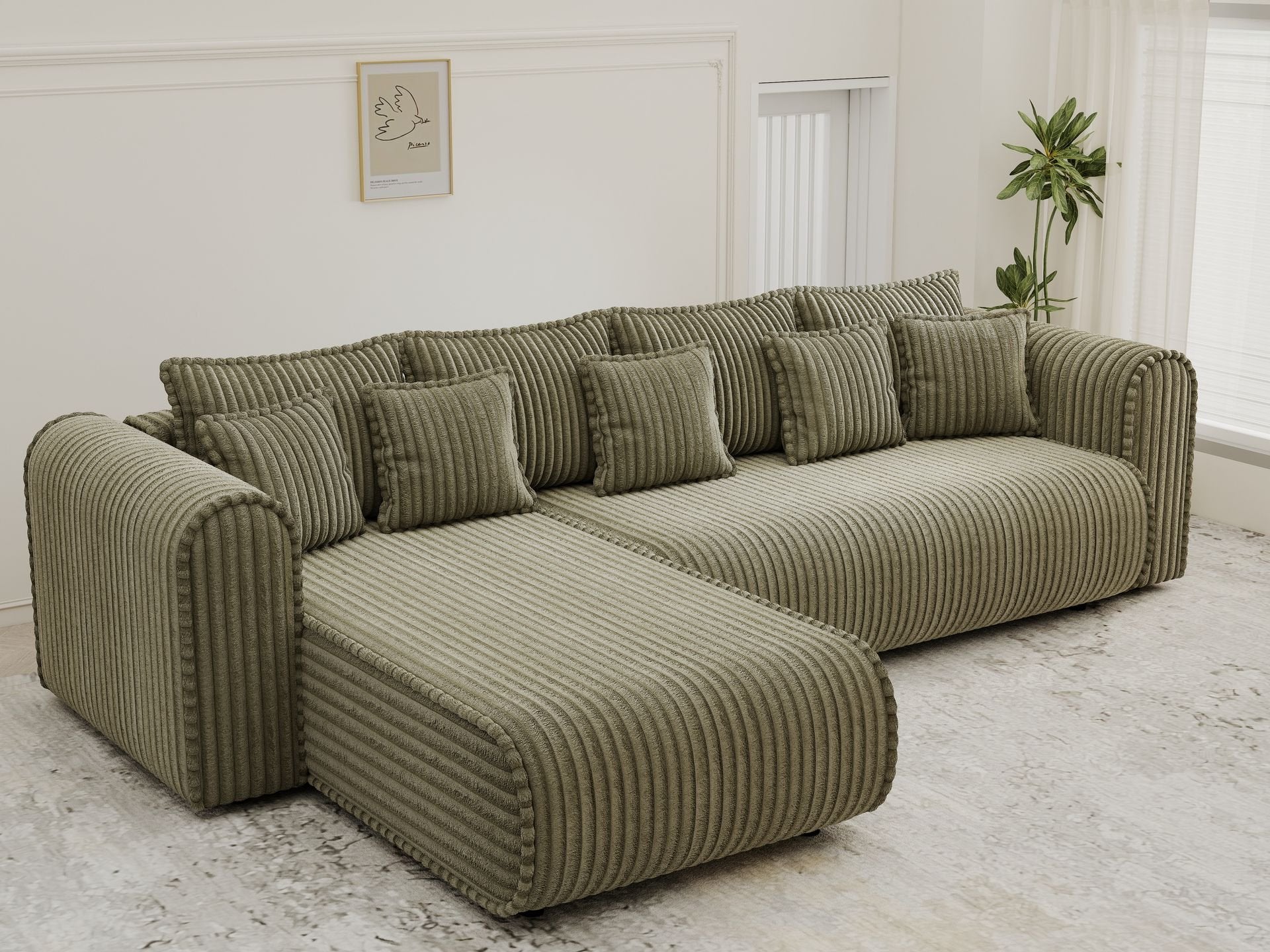 Colțar extensibil dumonde cu ladă de depozitare si sezut confortabil din spuma high-density, Monaco XL Tilia Olive 340x185 cm