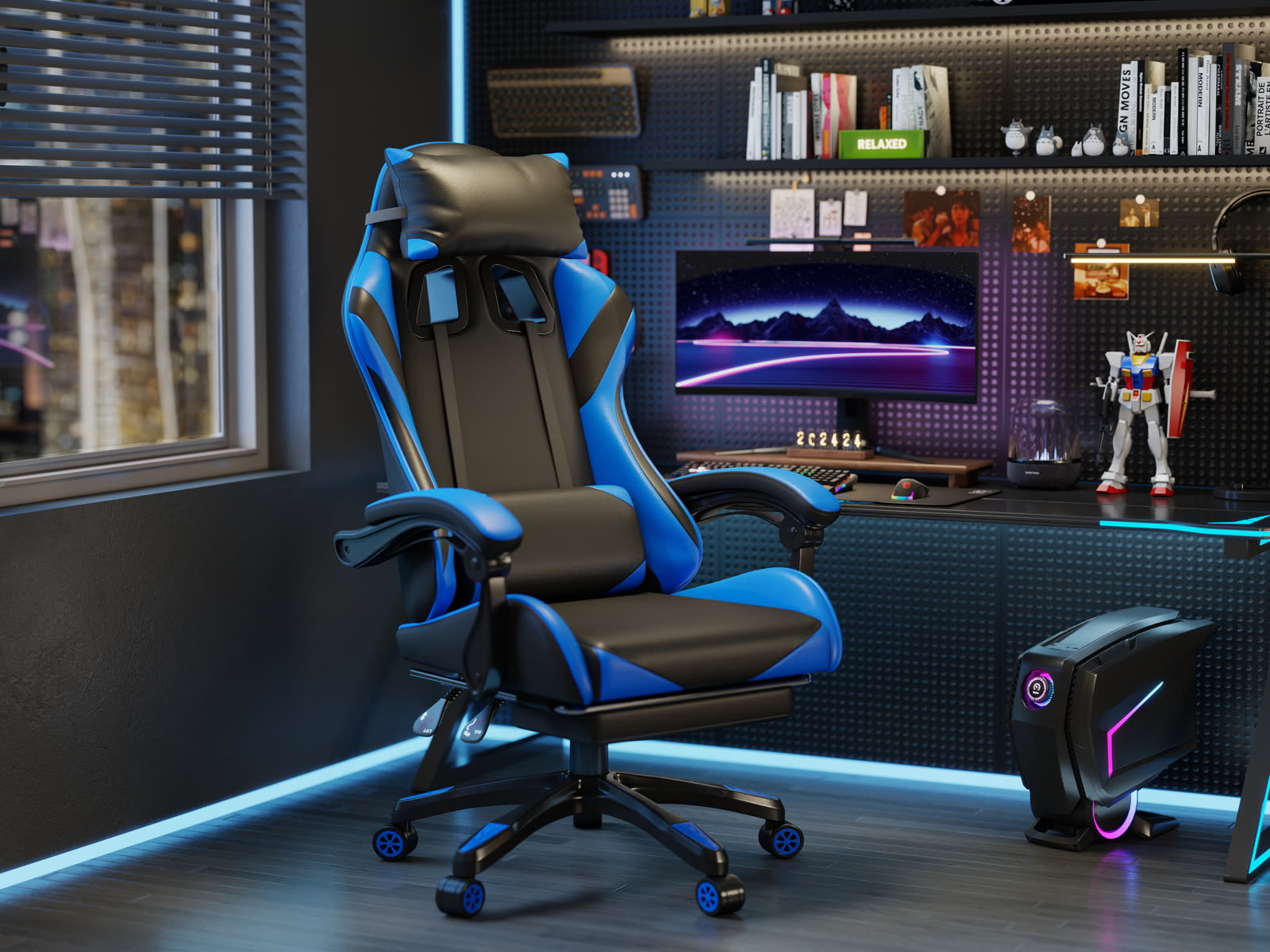 Scaun gaming Dumonde PREDATOR, mecanism multifuncțional, ecopiele, suport picioare, albastru/negru