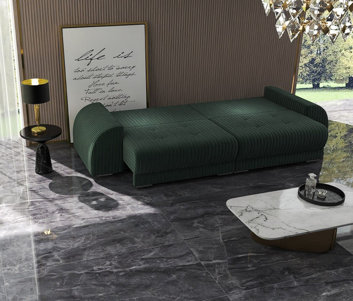 Canapea extensibilă dumonde cu 2 lăzi de depozitare si sezut confortabil din spuma HR, Verona Ambience Moss 310x100 cm Fabrica