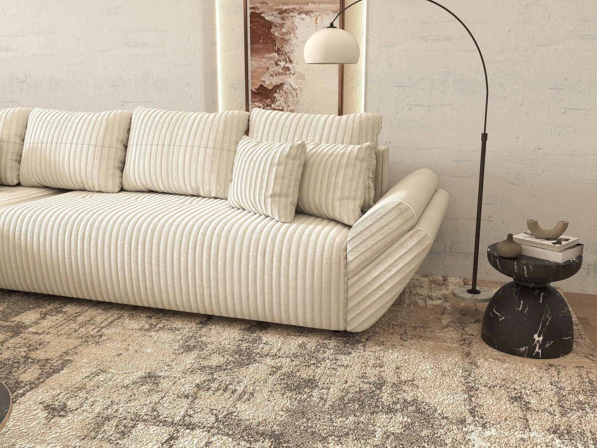 Colțar extensibil dumonde cu ladă de depozitare si sezut confortabil din spuma high-density, Berlin XL Tilia Bej 01 350x185 cm