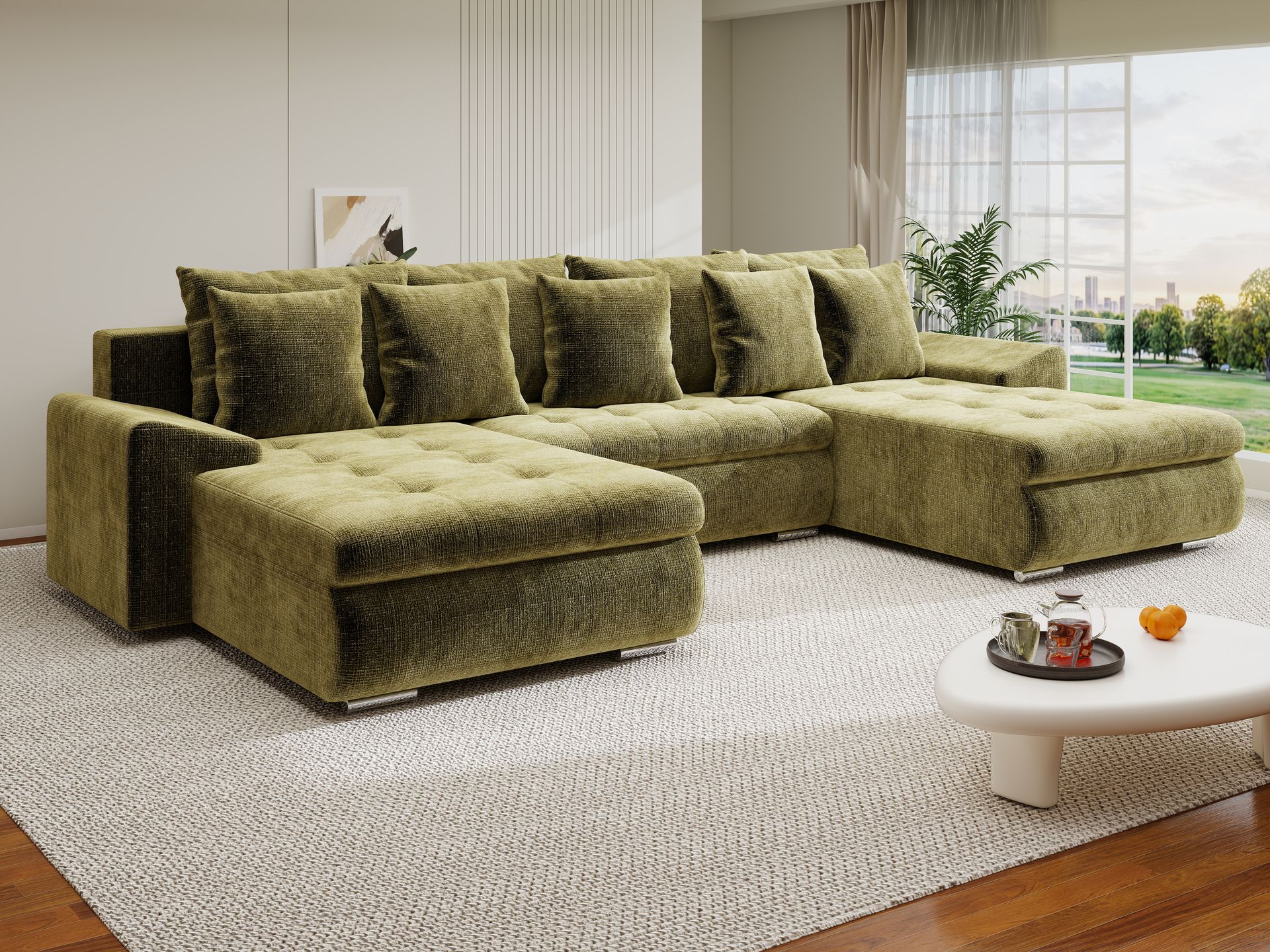 Colțar extensibil dumonde cu ladă de depozitare si sezut confortabil din spuma high-density, Leonardo U Cremona Olive 38 360x185 cm
