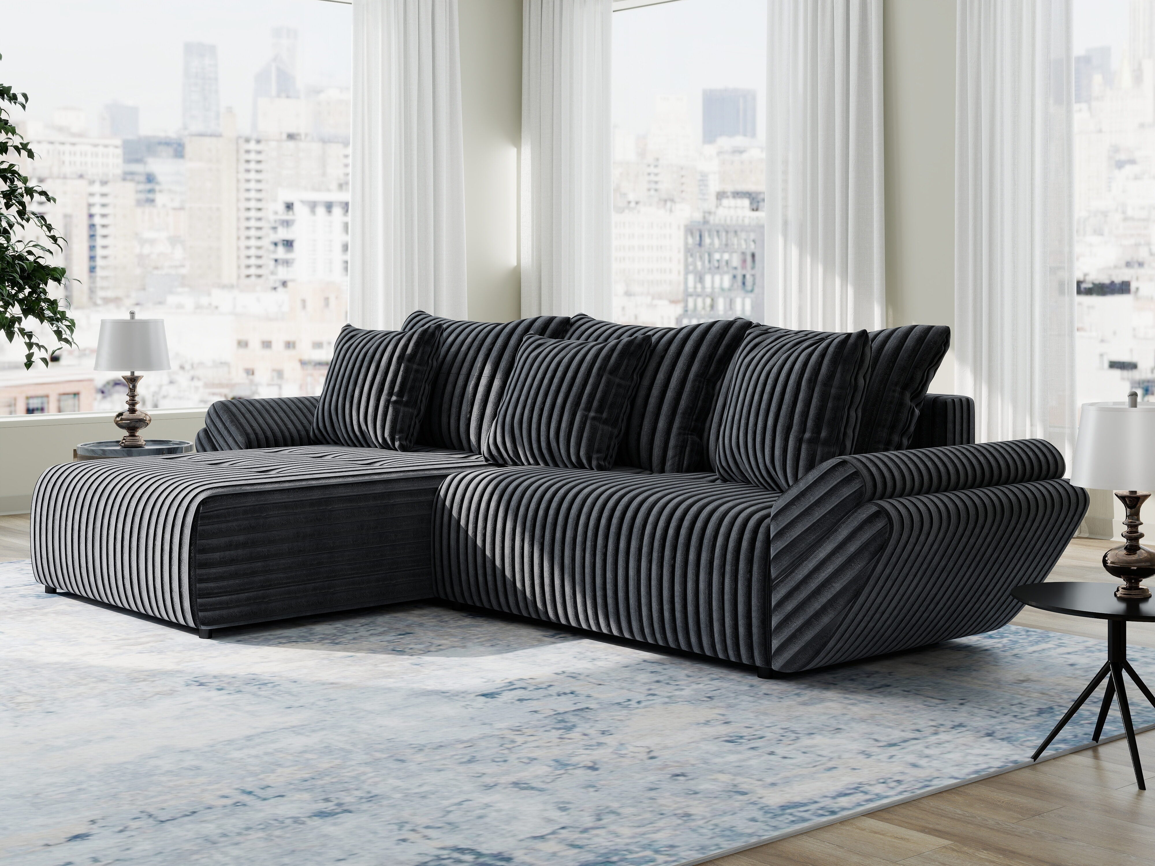 Colțar extensibil dumonde cu ladă de depozitare si sezut confortabil din spuma HR, Berlin Ambience Gri 280x185 cm