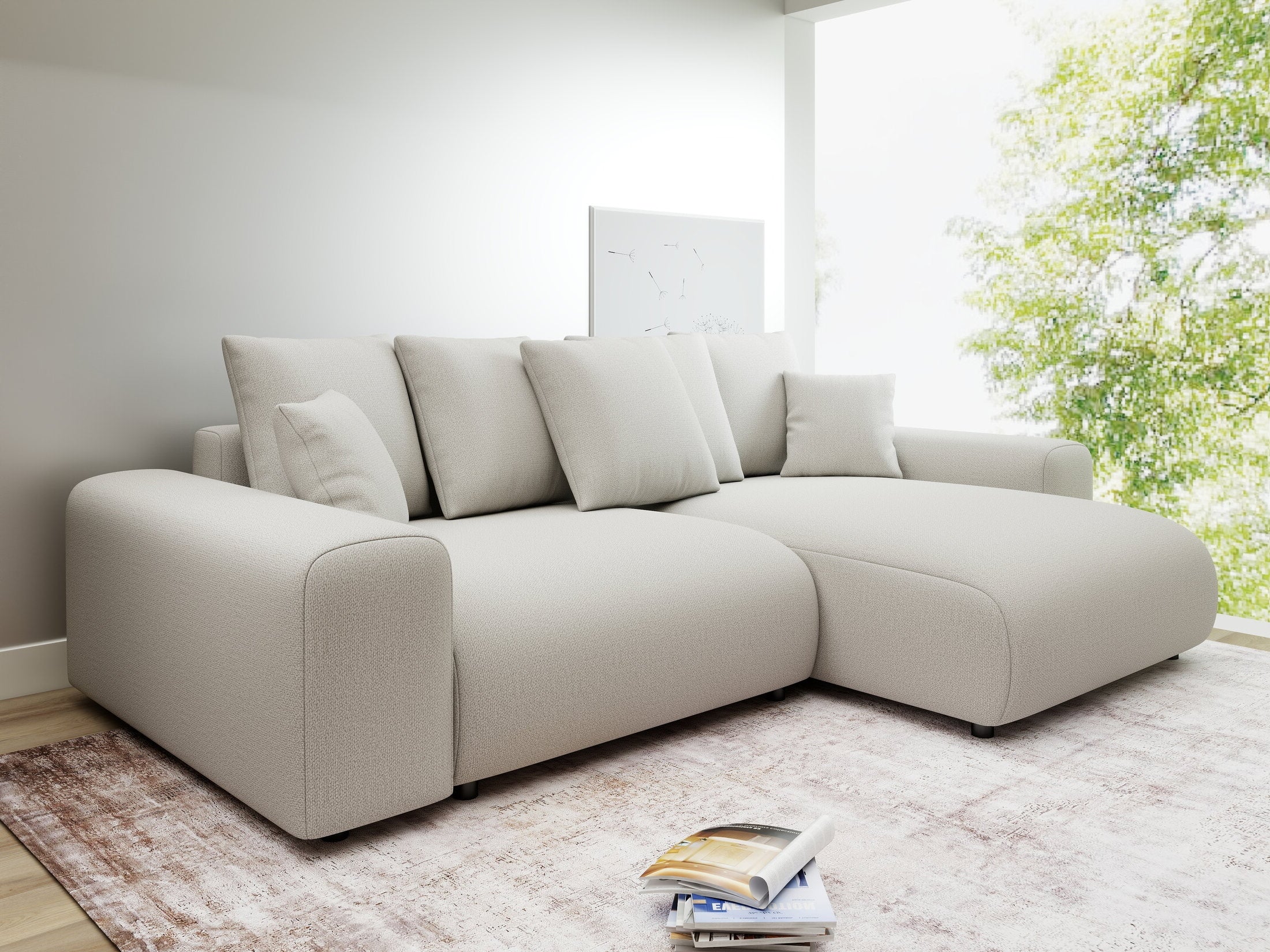 Colțar extensibil dumonde cu ladă de depozitare și șezut confortabil din spumă HR, Luma Enjoy Bej 255x168 cm II