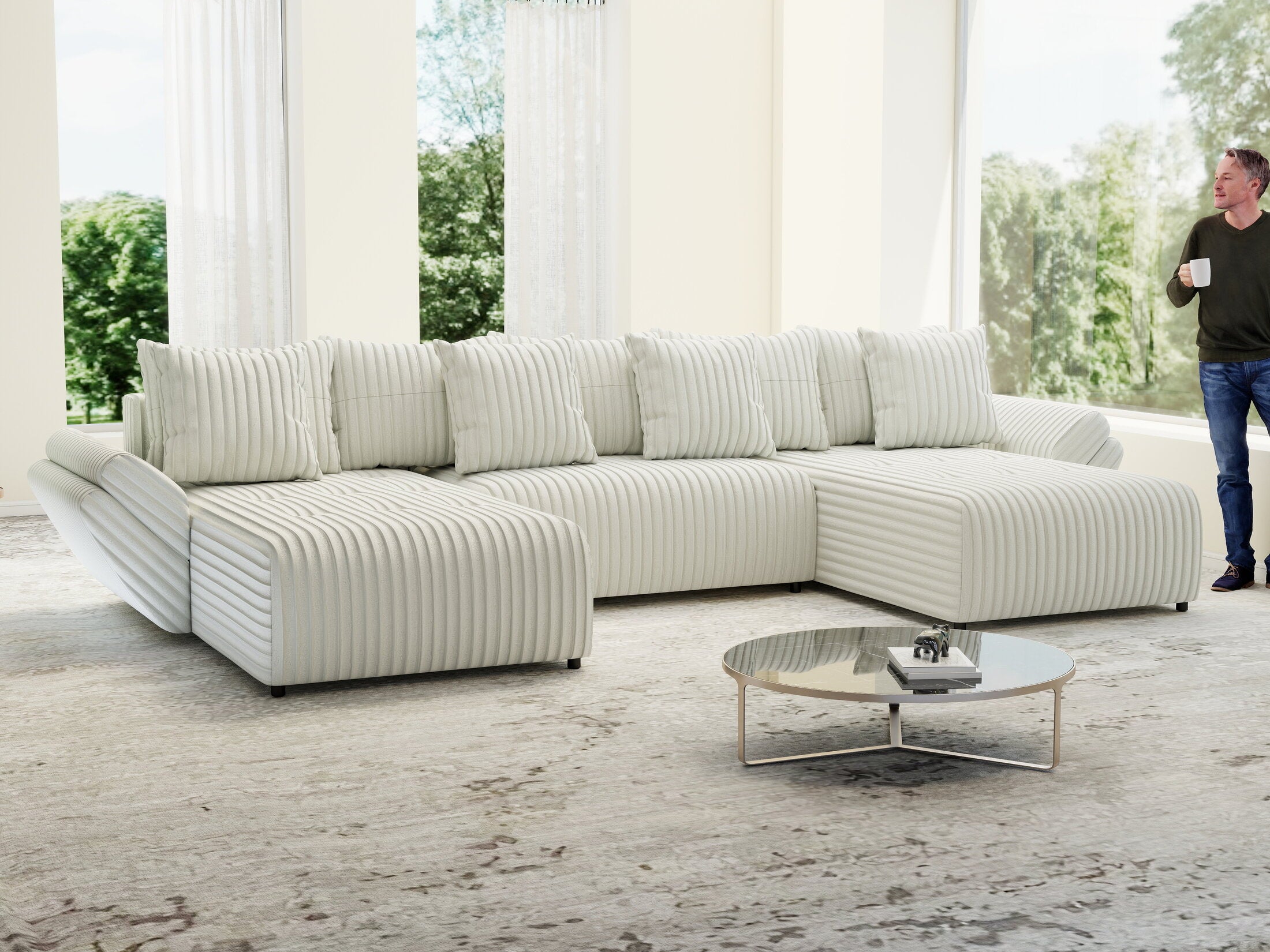 Colțar extensibil dumonde cu ladă de depozitare si sezut confortabil din spuma HR, Berlin U Ambience Ivory 380x180 cm