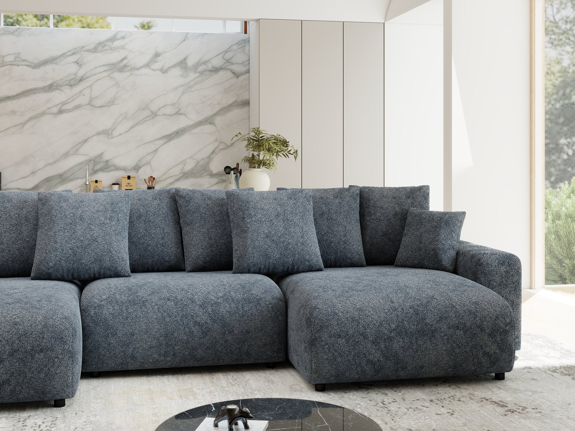 Colțar extensibil dumonde cu ladă de depozitare si sezut confortabil din spuma HR, Luma U Euphoria Gri Grafit 336x140 cm