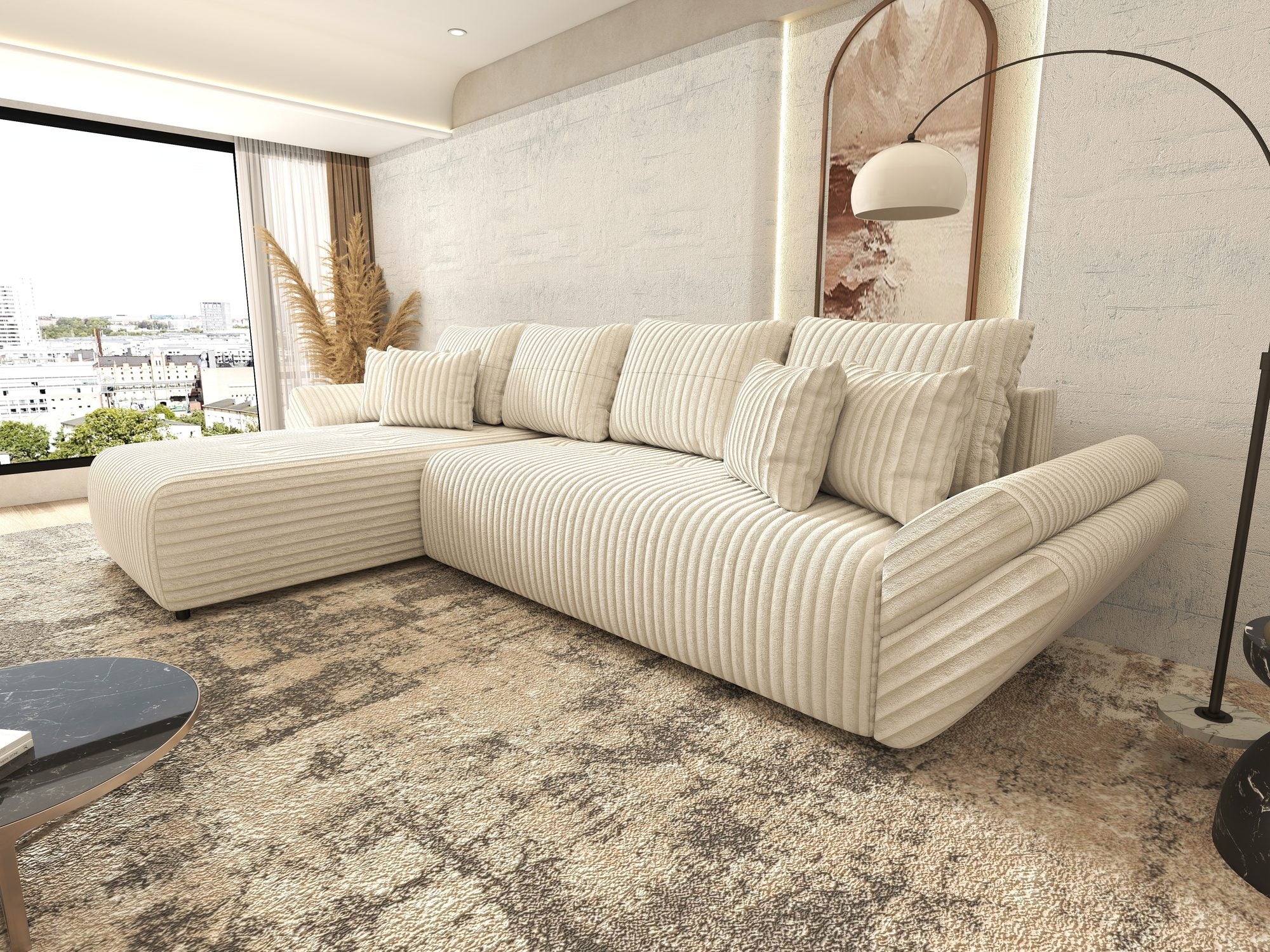 Colțar extensibil dumonde cu ladă de depozitare si sezut confortabil din spuma high-density, Berlin XL Tilia Bej 01 350x185 cm
