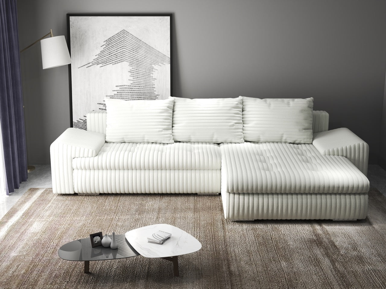 Colțar extensibil dumonde cu ladă de depozitare si sezut confortabil din spuma HR, Leonardo Ambience Ivory 255x193 cm II Fabrica