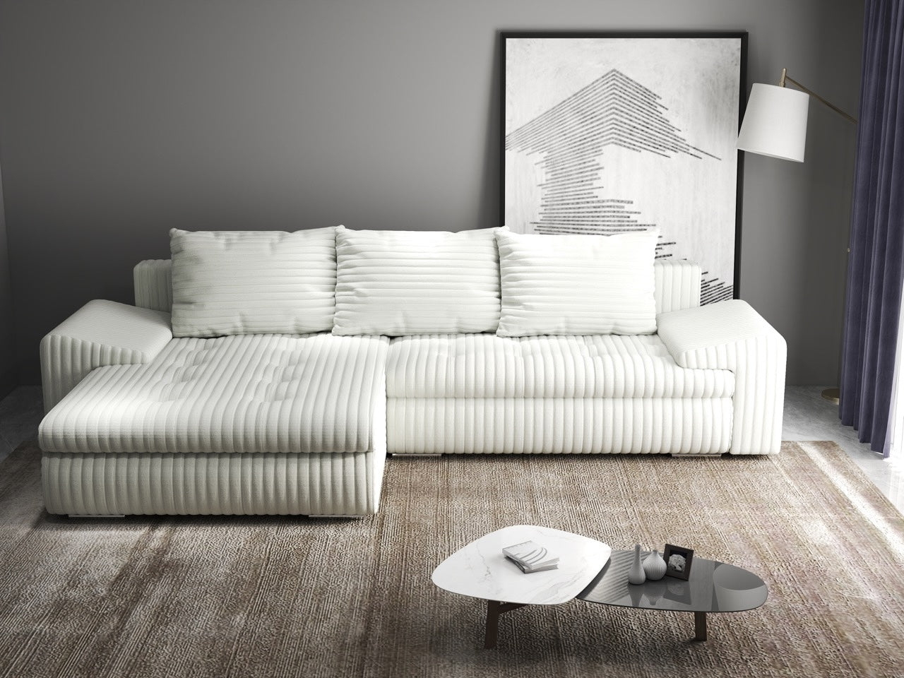Colțar extensibil dumonde cu ladă de depozitare si sezut confortabil din spuma HR, Leonardo Ambience Ivory 255x193 cm Fabrica