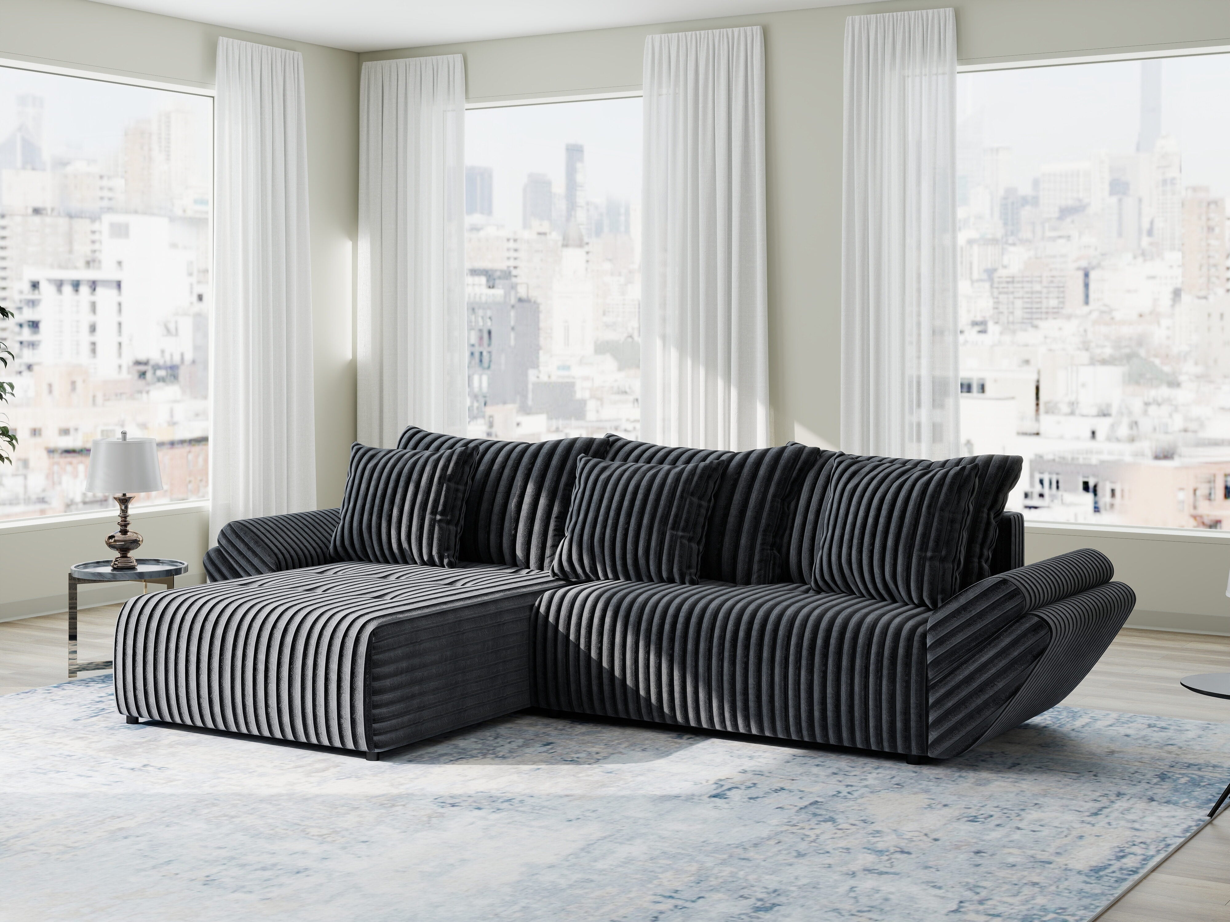 Colțar extensibil dumonde cu ladă de depozitare si sezut confortabil din spuma HR, Berlin Ambience Gri 280x185 cm