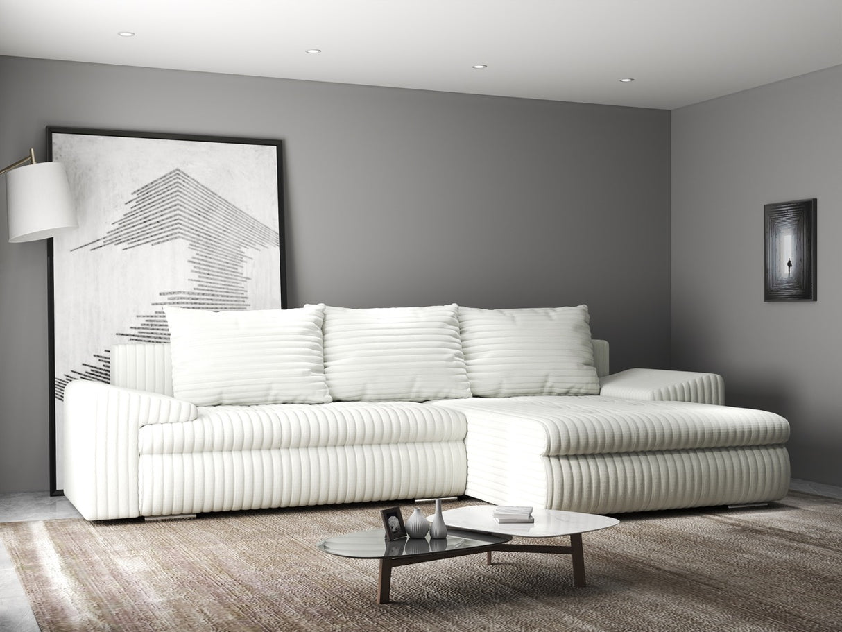 Colțar extensibil dumonde cu ladă de depozitare si sezut confortabil din spuma HR, Leonardo Ambience Alb 255x193 cm II