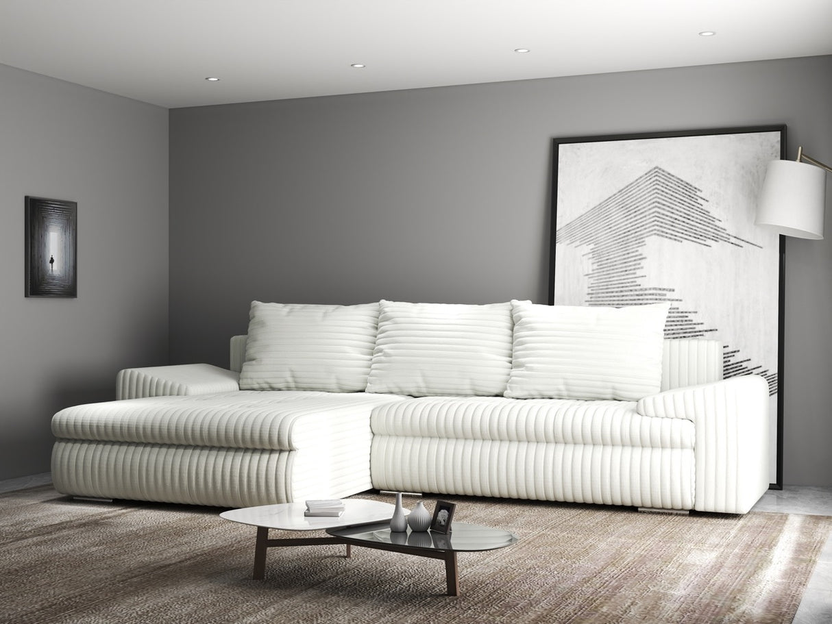 Colțar extensibil dumonde cu ladă de depozitare si sezut confortabil din spuma HR, Leonardo Ambience Alb 255x193 cm