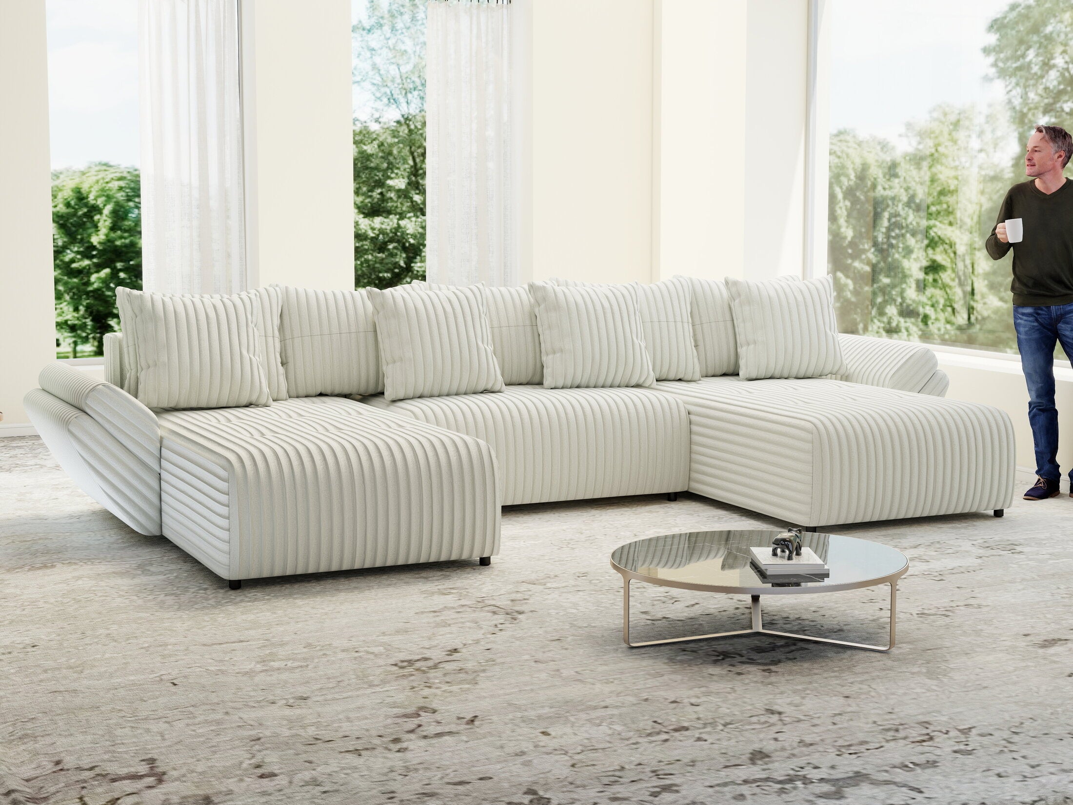 Colțar extensibil dumonde cu ladă de depozitare si sezut confortabil din spuma HR, Berlin U Ambience Ivory 380x180 cm