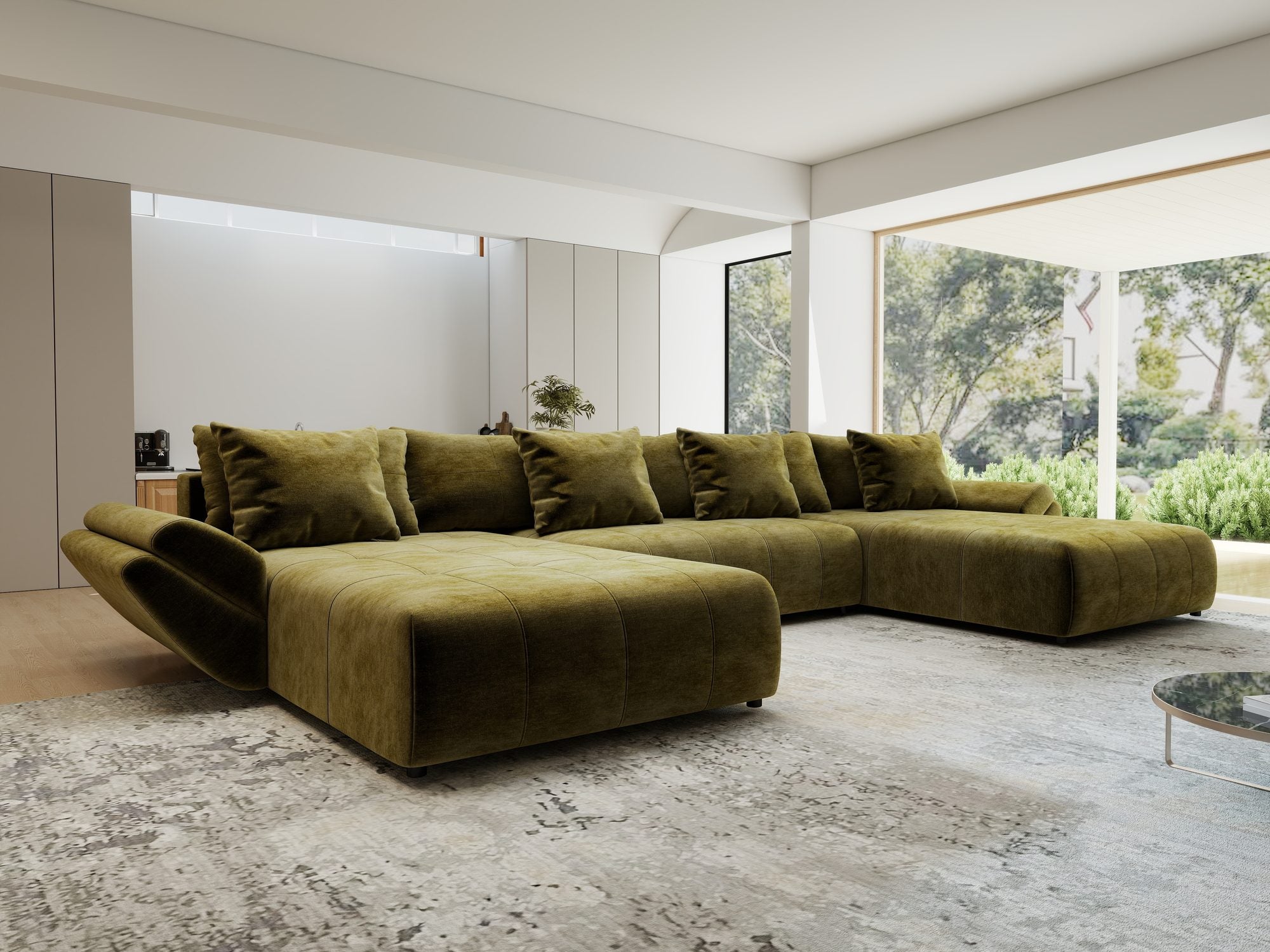 Colțar extensibil dumonde cu ladă de depozitare si sezut confortabil din spuma high-density, Berlin U Monolith Verde Olive 38 380x180 cm