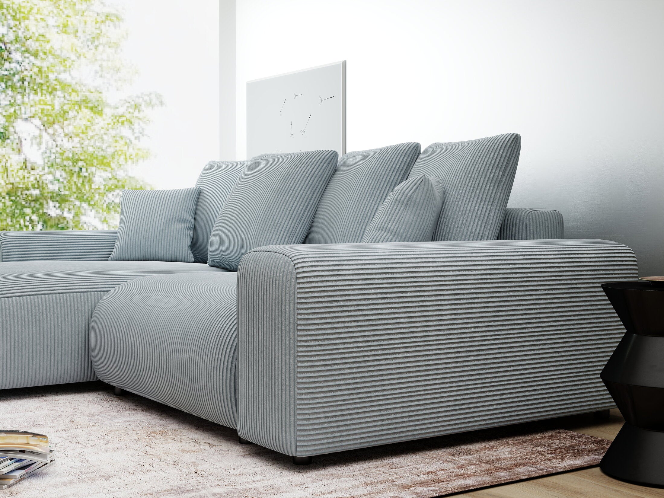 Colțar extensibil dumonde cu ladă de depozitare și șezut confortabil din spumă HR, Luma Zoom Gri Mint 255x168 cm