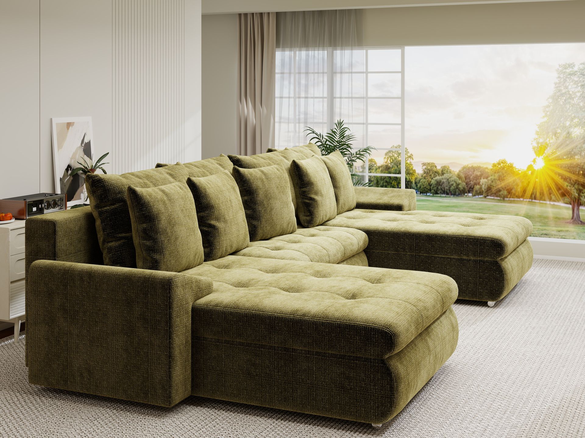 Colțar extensibil dumonde cu ladă de depozitare si sezut confortabil din spuma high-density, Leonardo U Cremona Olive 38 360x185 cm