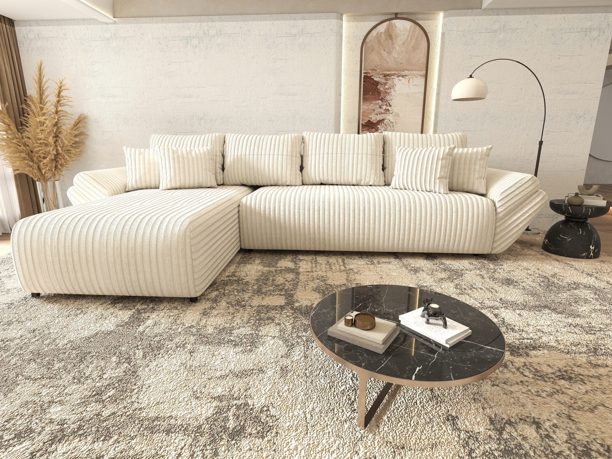 Colțar extensibil dumonde cu ladă de depozitare si sezut confortabil din spuma high-density, Berlin XL Tilia Bej 01 350x185 cm