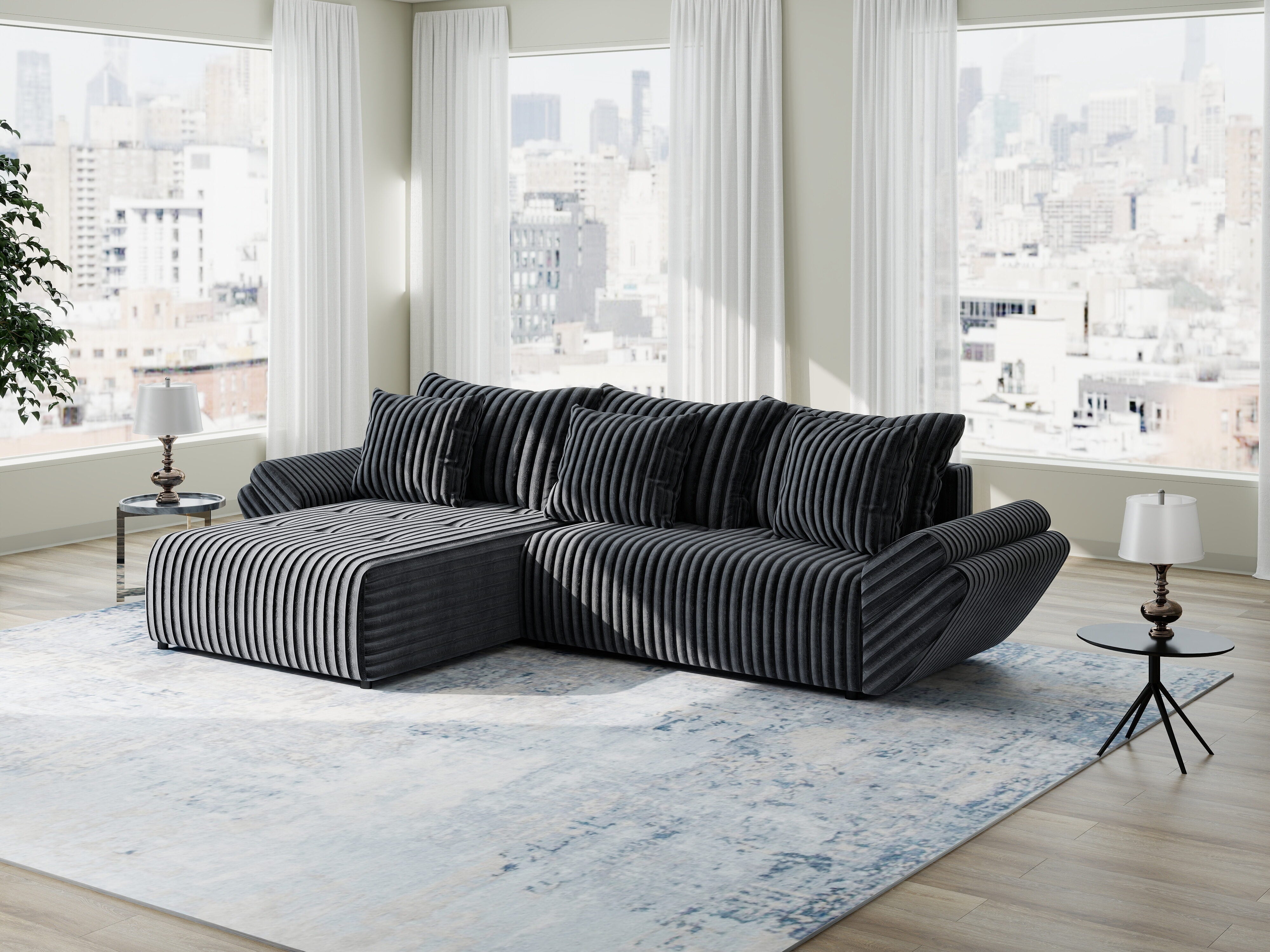 Colțar extensibil dumonde cu ladă de depozitare si sezut confortabil din spuma HR, Berlin Ambience Gri 280x185 cm