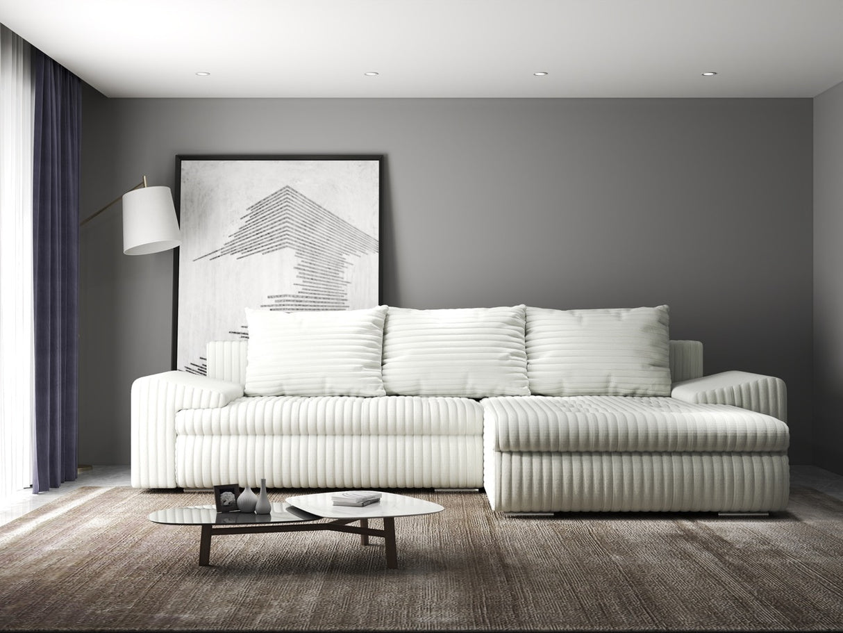 Colțar extensibil dumonde cu ladă de depozitare si sezut confortabil din spuma HR, Leonardo Ambience Alb 255x193 cm II