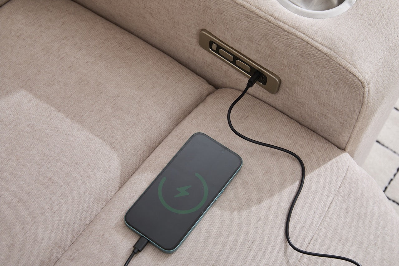 Canapea 3 locuri cu 2 reclinere electrice, masuta, USB-C, suport pahare, lumini de citire, lumini LED, Torven 216x96cm