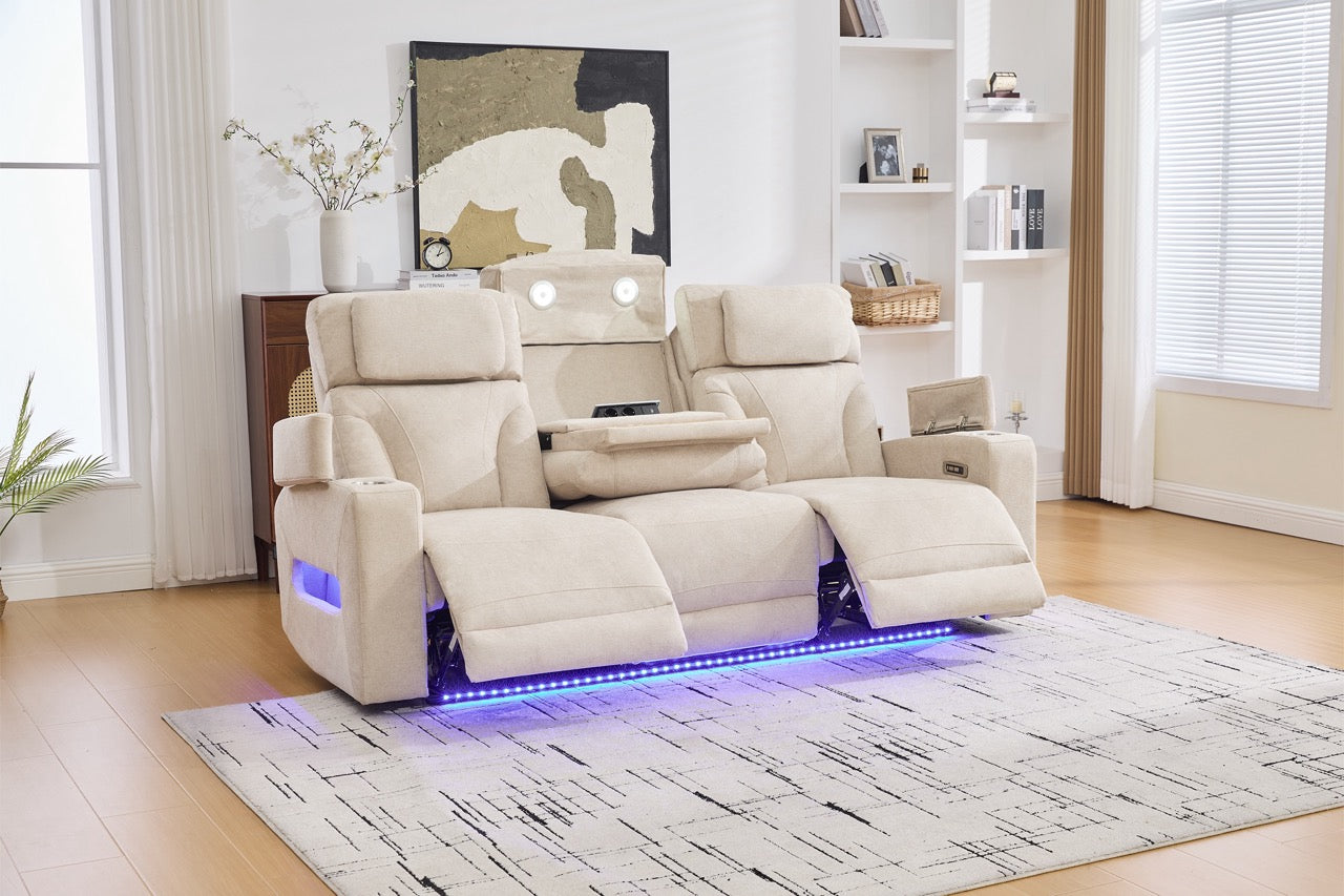 Canapea 3 locuri cu 2 reclinere electrice, masuta, USB-C, suport pahare, lumini de citire, lumini LED, Torven 216x96cm