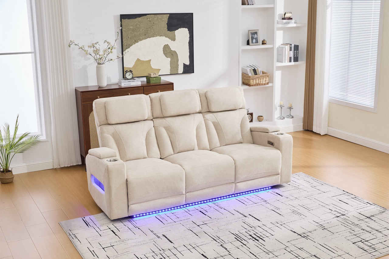 Canapea 3 locuri cu 2 reclinere electrice, masuta, USB-C, suport pahare, lumini de citire, lumini LED, Torven 216x96cm