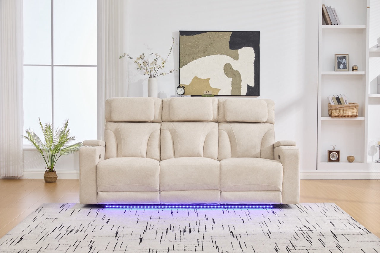 Canapea 3 locuri cu 2 reclinere electrice, masuta, USB-C, suport pahare, lumini de citire, lumini LED, Torven 216x96cm