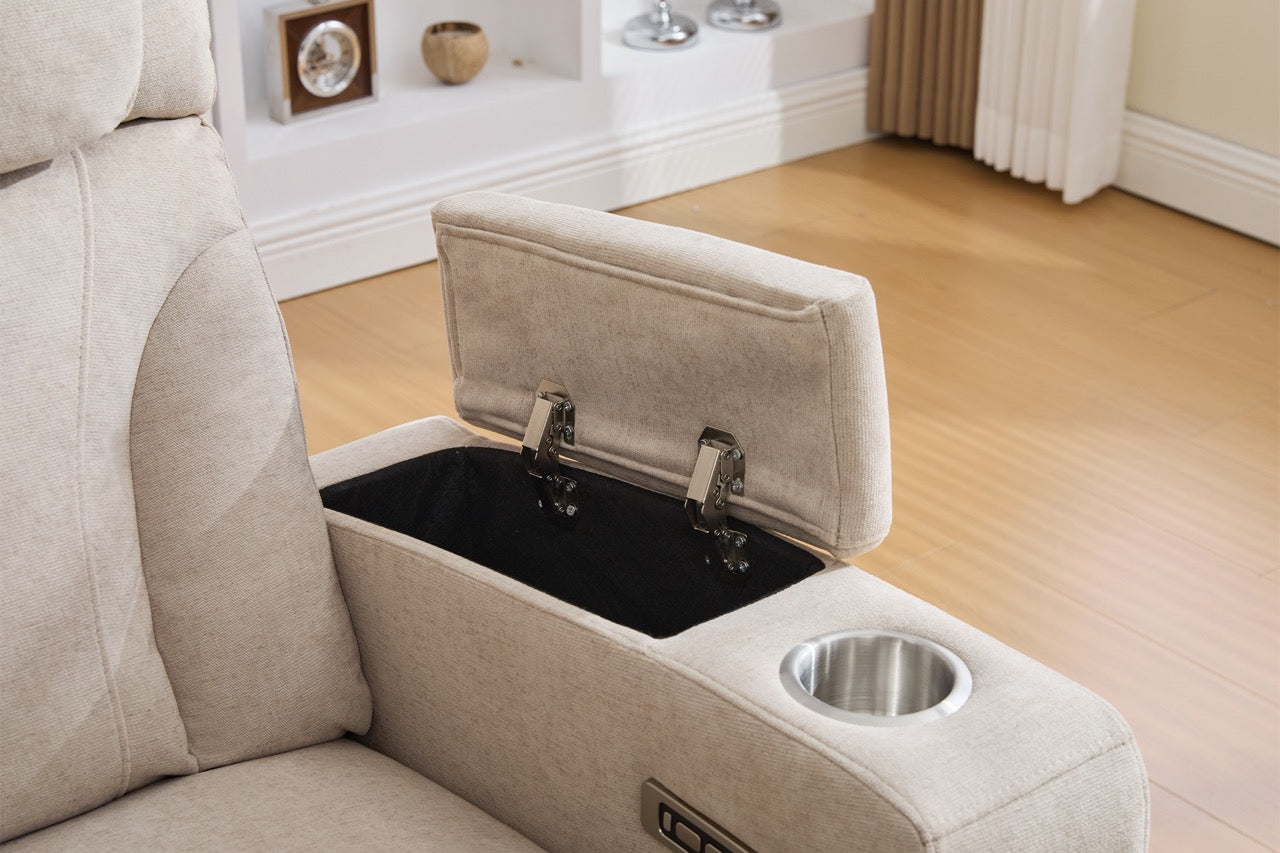 Canapea 3 locuri cu 2 reclinere electrice, masuta, USB-C, suport pahare, lumini de citire, lumini LED, Torven 216x96cm