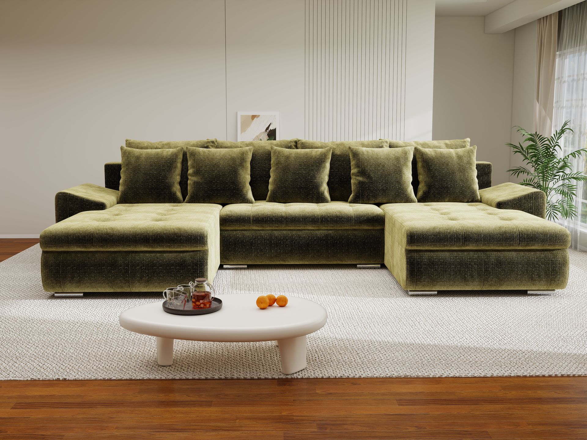 Colțar extensibil dumonde cu ladă de depozitare si sezut confortabil din spuma high-density, Leonardo U Cremona Olive 38 360x185 cm