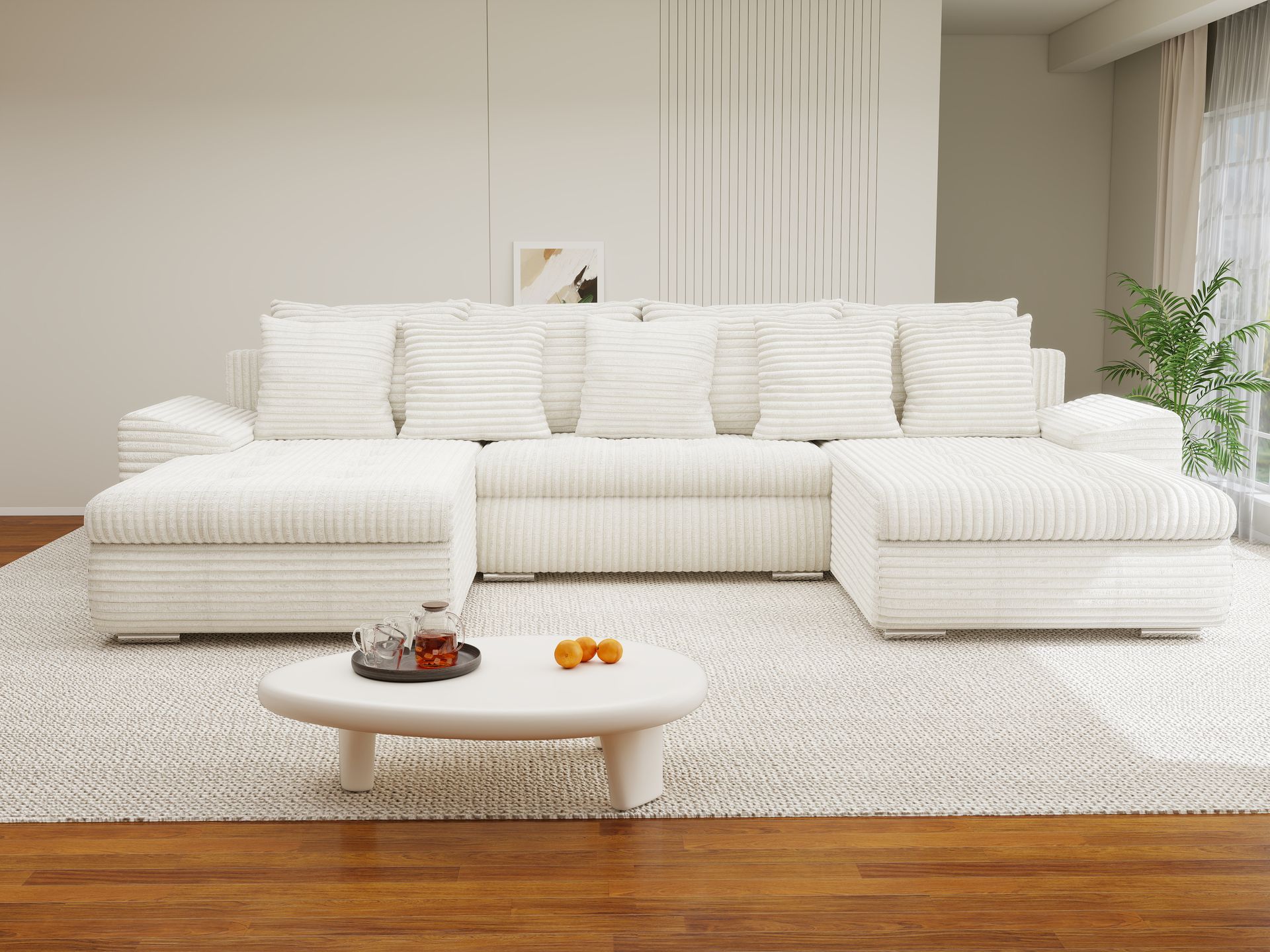 Colțar extensibil dumonde cu ladă de depozitare si sezut confortabil din spuma high-density, Leonardo U Tilia Bej 01 360x185 cm