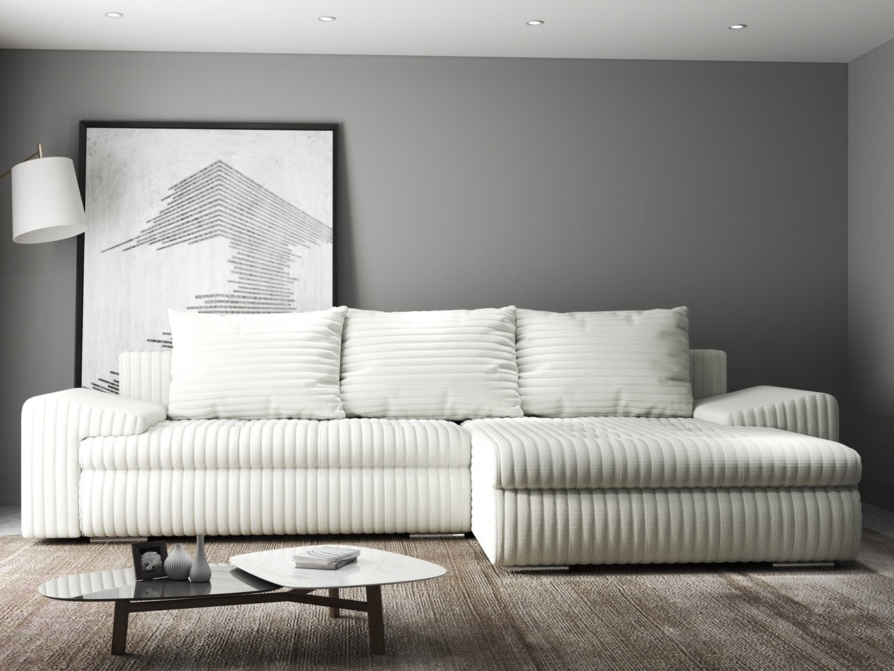 Colțar extensibil dumonde cu ladă de depozitare si sezut confortabil din spuma HR, Leonardo Ambience Ivory 255x193 cm II Fabrica
