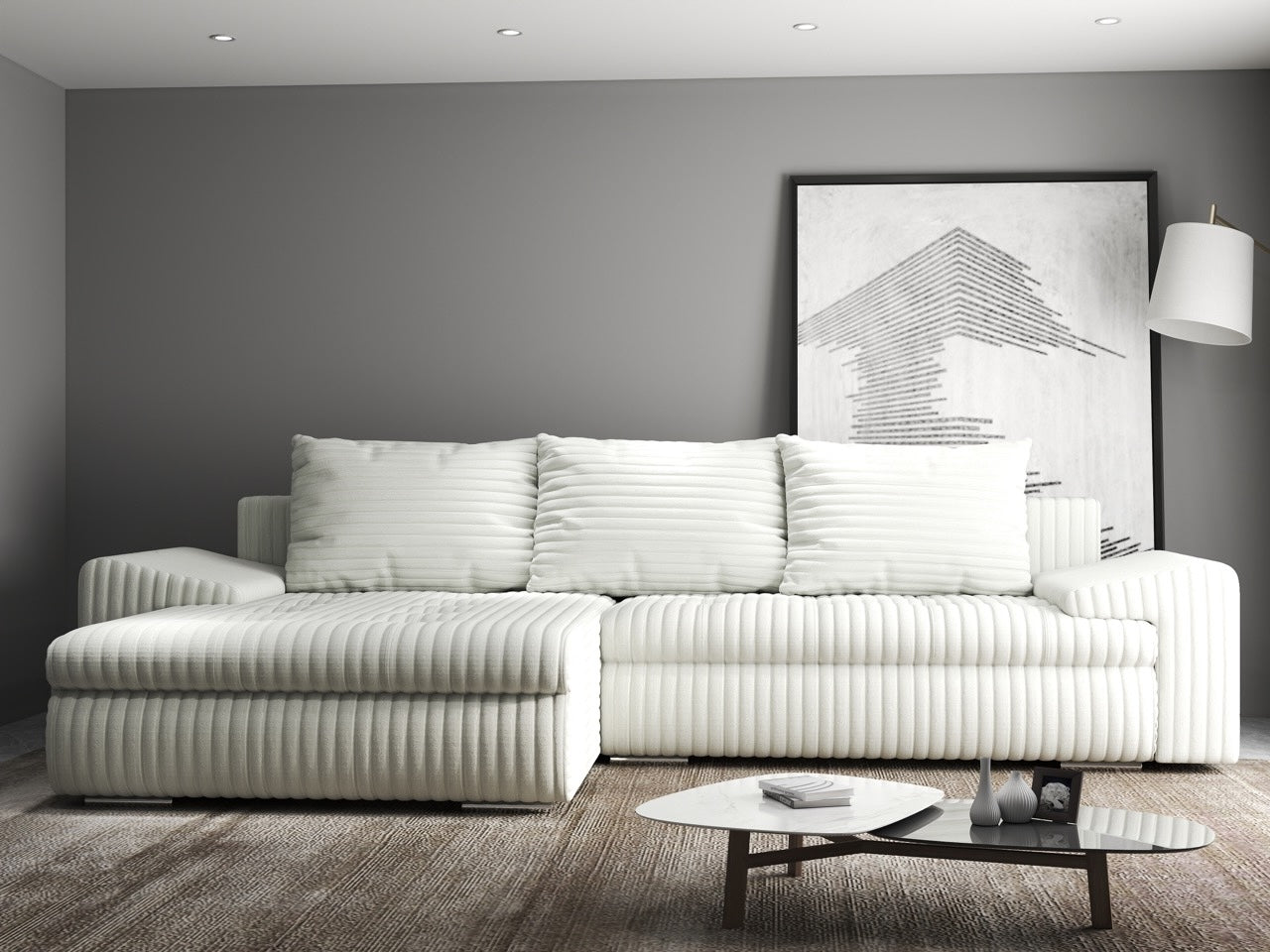 Colțar extensibil dumonde cu ladă de depozitare si sezut confortabil din spuma HR, Leonardo Ambience Ivory 255x193 cm Fabrica