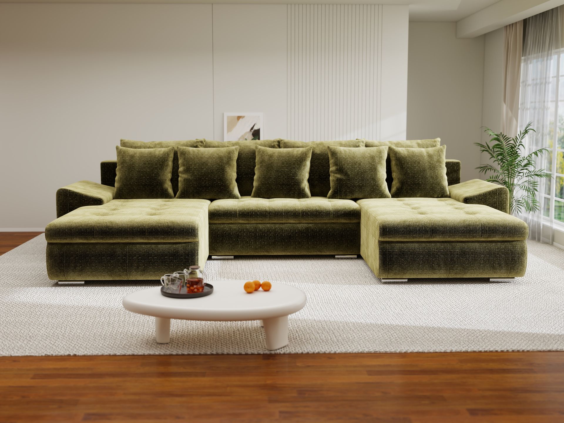 Colțar extensibil dumonde cu ladă de depozitare si sezut confortabil din spuma high-density, Leonardo U Cremona Olive 38 360x185 cm